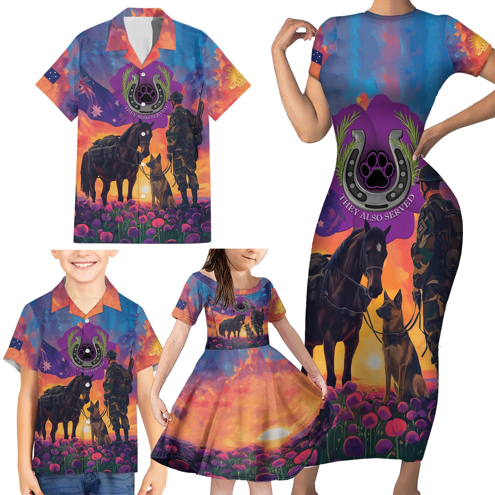Australia Animals ANZAC Family Matching Short Sleeve Bodycon Dress and Hawaiian Shirt Dog And Horse Heroes Also Served