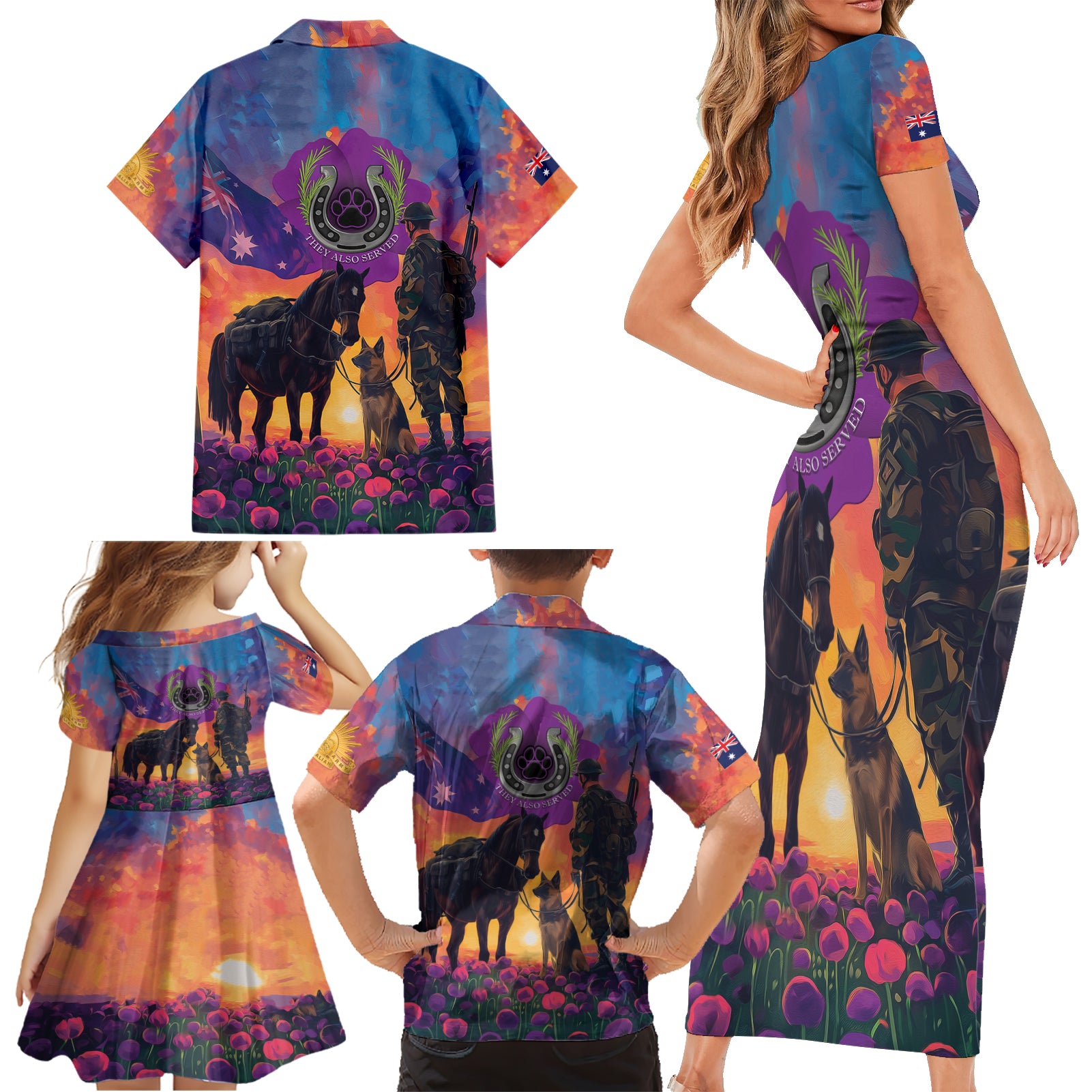 Australia Animals ANZAC Family Matching Short Sleeve Bodycon Dress and Hawaiian Shirt Dog And Horse Heroes Also Served