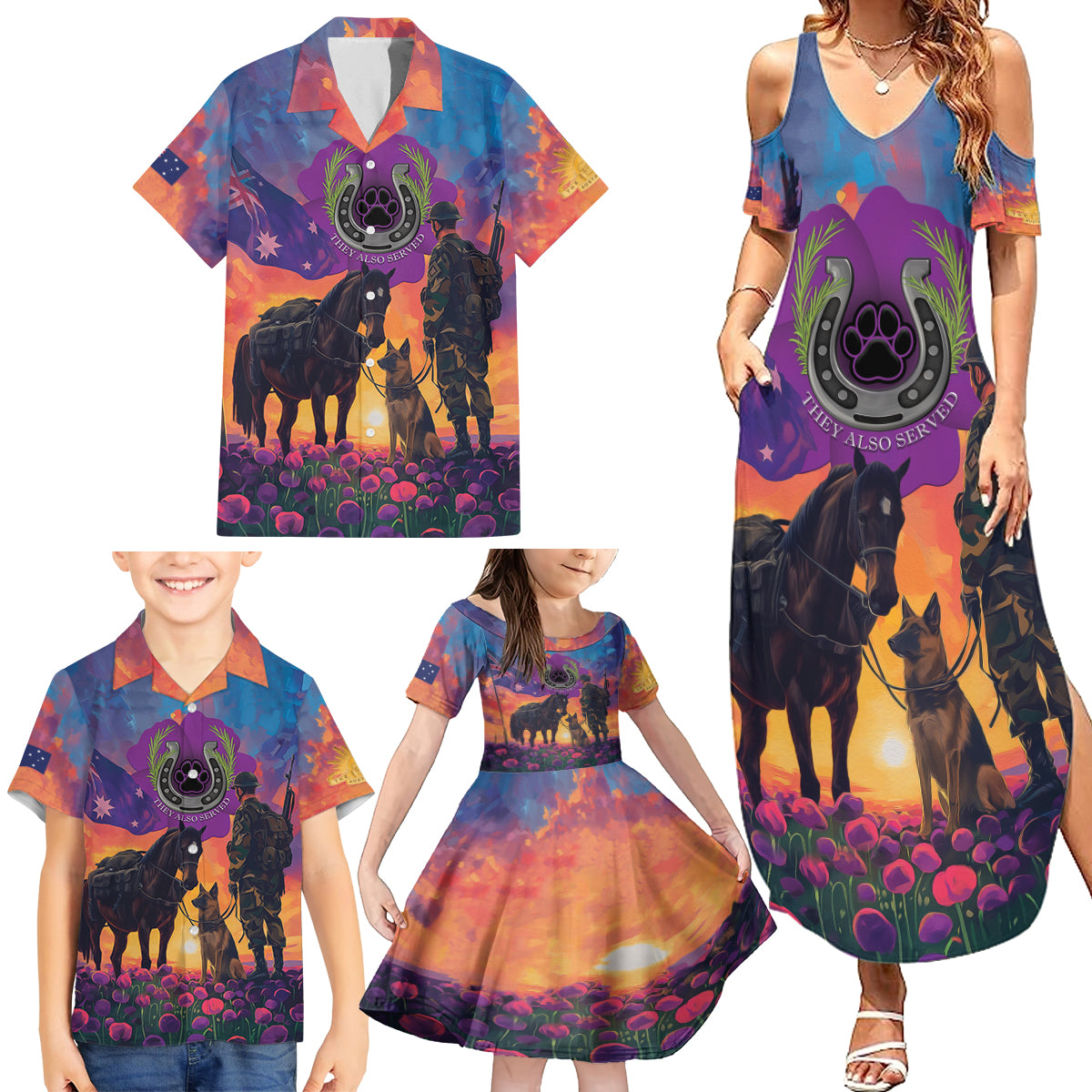 Australia Animals ANZAC Family Matching Summer Maxi Dress and Hawaiian Shirt Dog And Horse Heroes Also Served