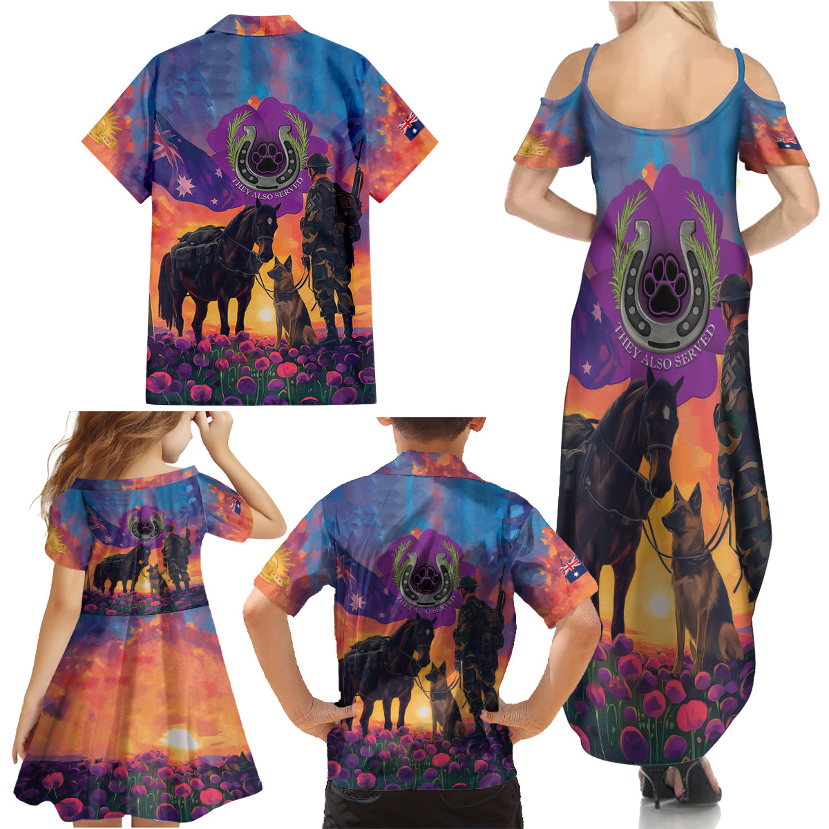 Australia Animals ANZAC Family Matching Summer Maxi Dress and Hawaiian Shirt Dog And Horse Heroes Also Served