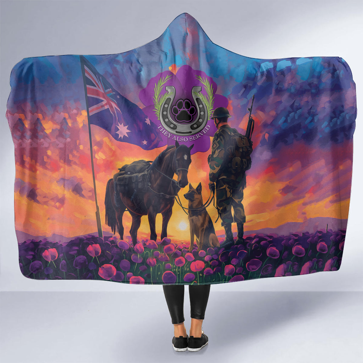 Australia Animals ANZAC Hooded Blanket Dog And Horse Heroes Also Served