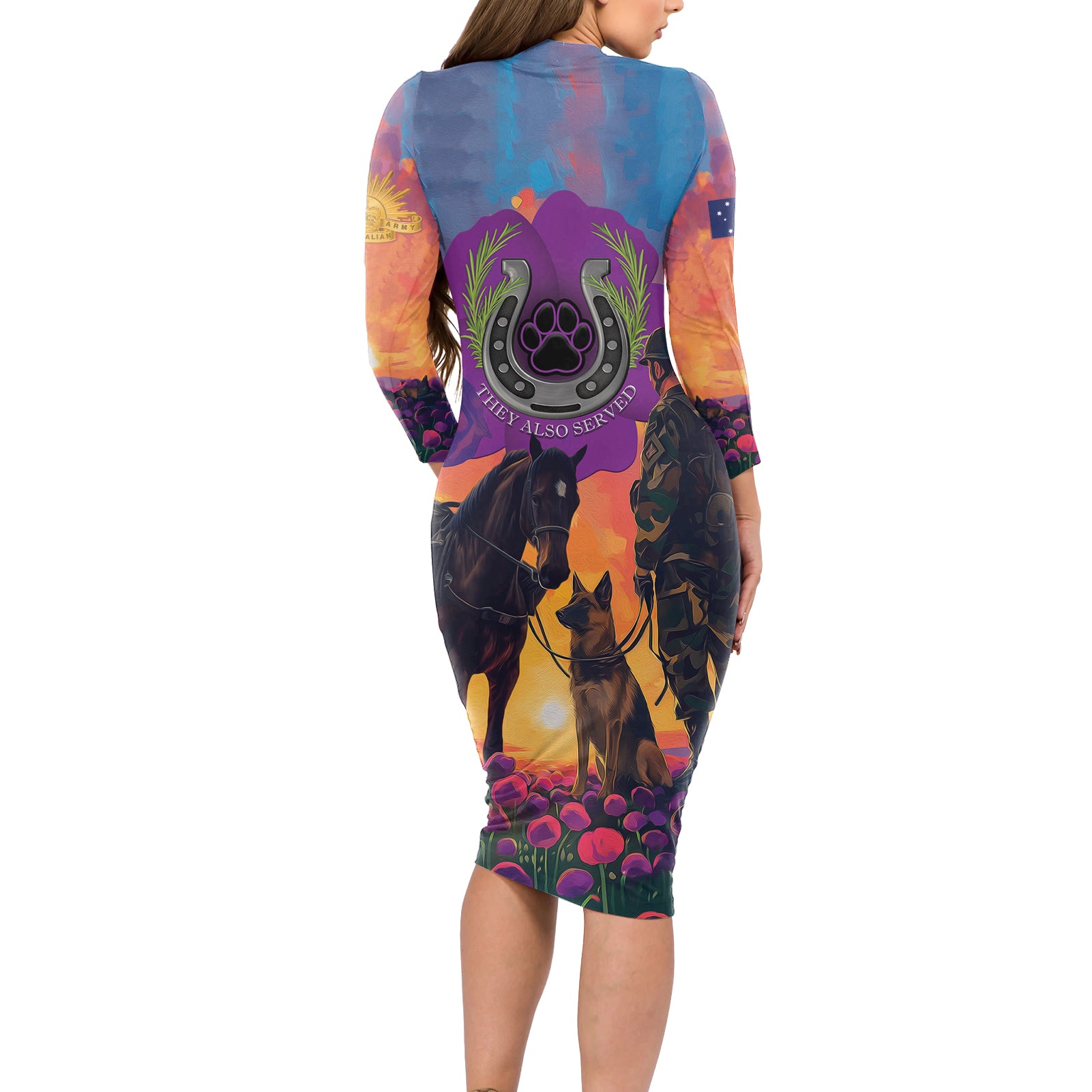 Australia Animals ANZAC Long Sleeve Bodycon Dress Dog And Horse Heroes Also Served