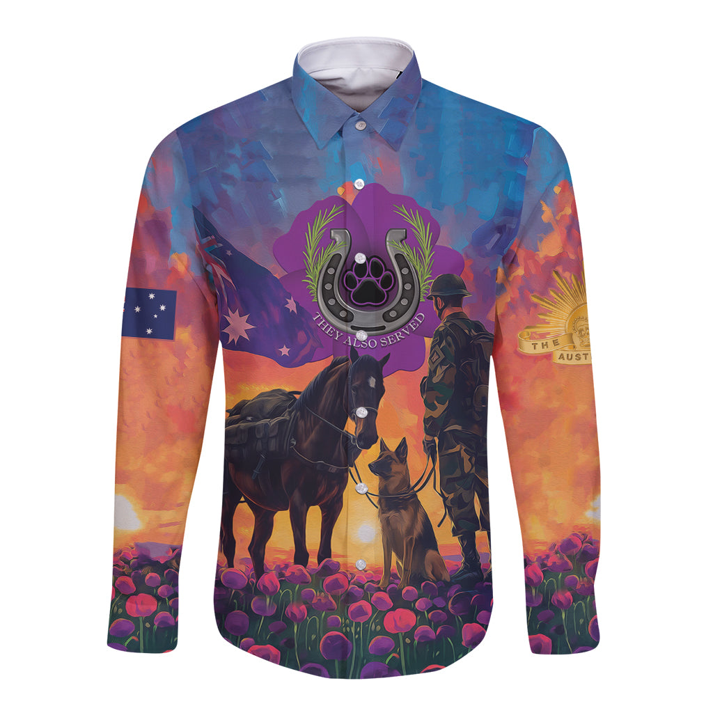 Australia Animals ANZAC Long Sleeve Button Shirt Dog And Horse Heroes Also Served - Vibe Hoodie Shop