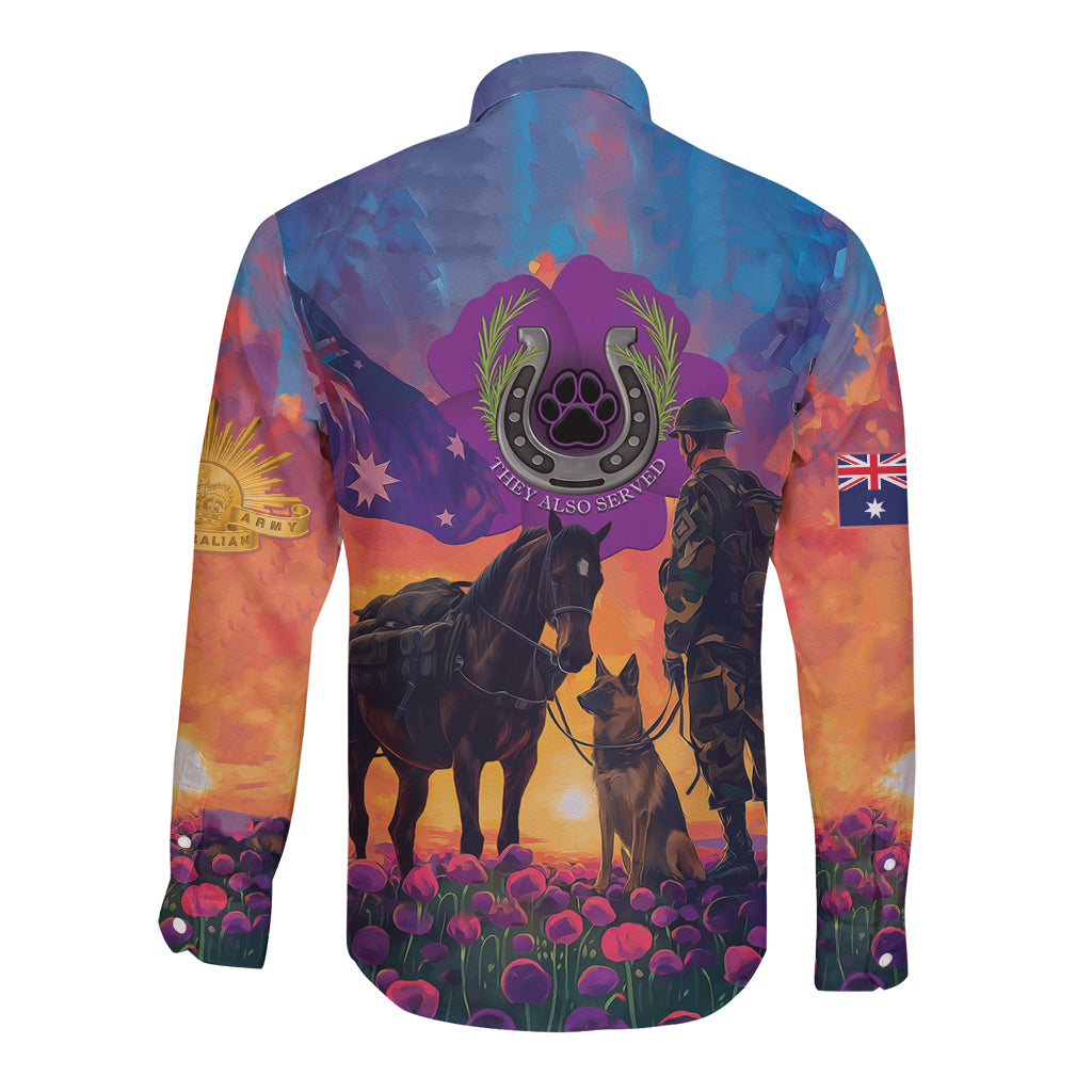 Australia Animals ANZAC Long Sleeve Button Shirt Dog And Horse Heroes Also Served - Vibe Hoodie Shop