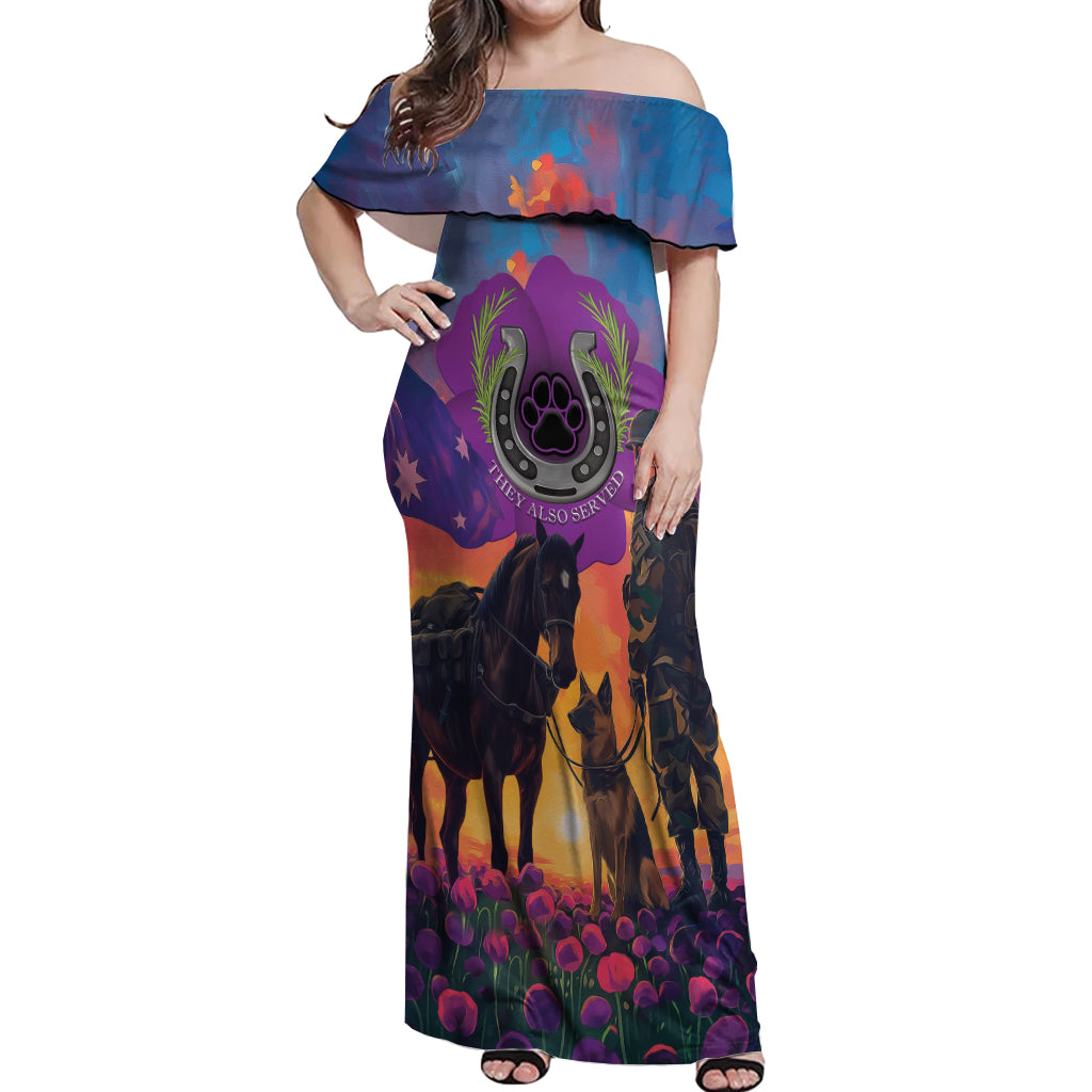 Australia Animals ANZAC Off Shoulder Maxi Dress Dog And Horse Heroes Also Served