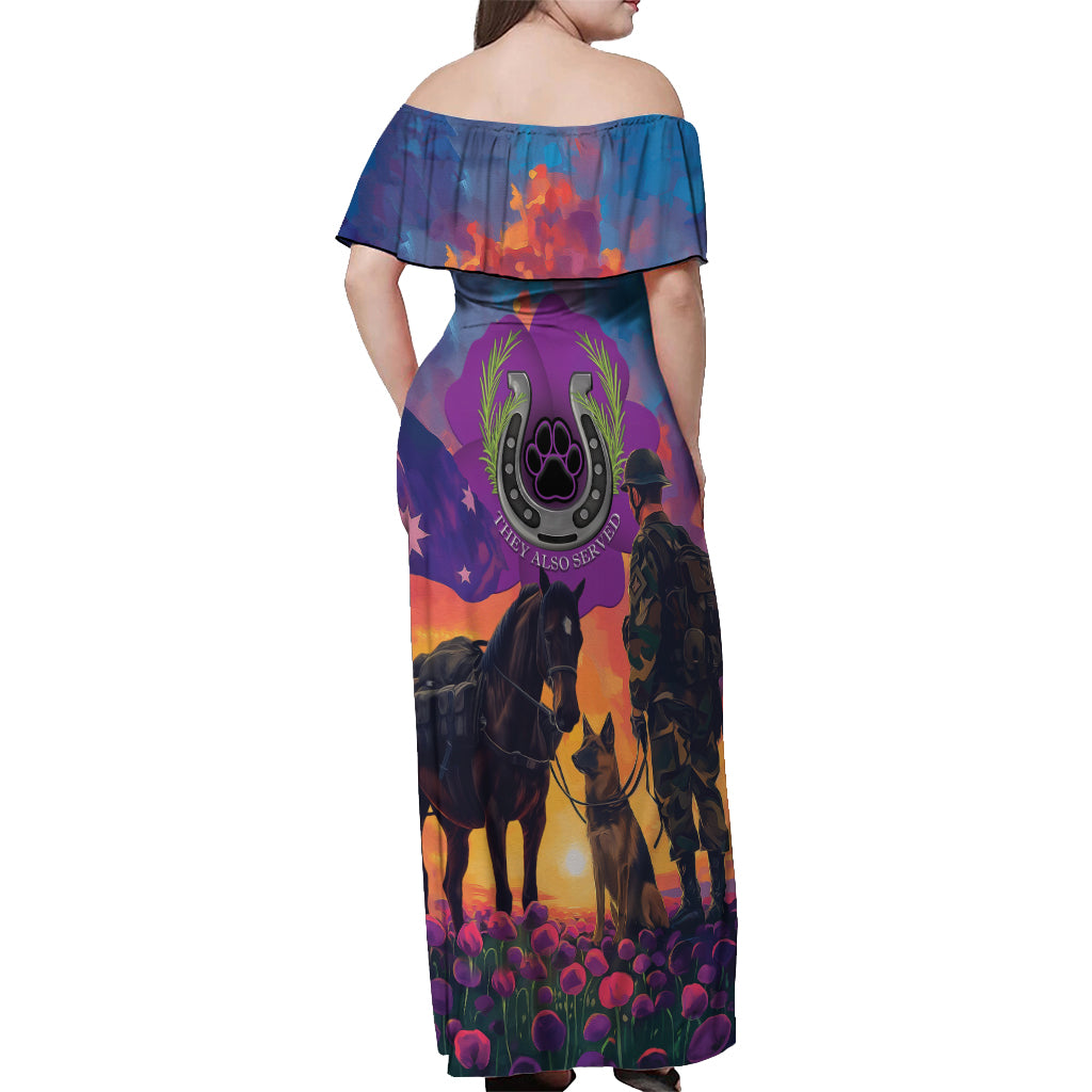 Australia Animals ANZAC Off Shoulder Maxi Dress Dog And Horse Heroes Also Served