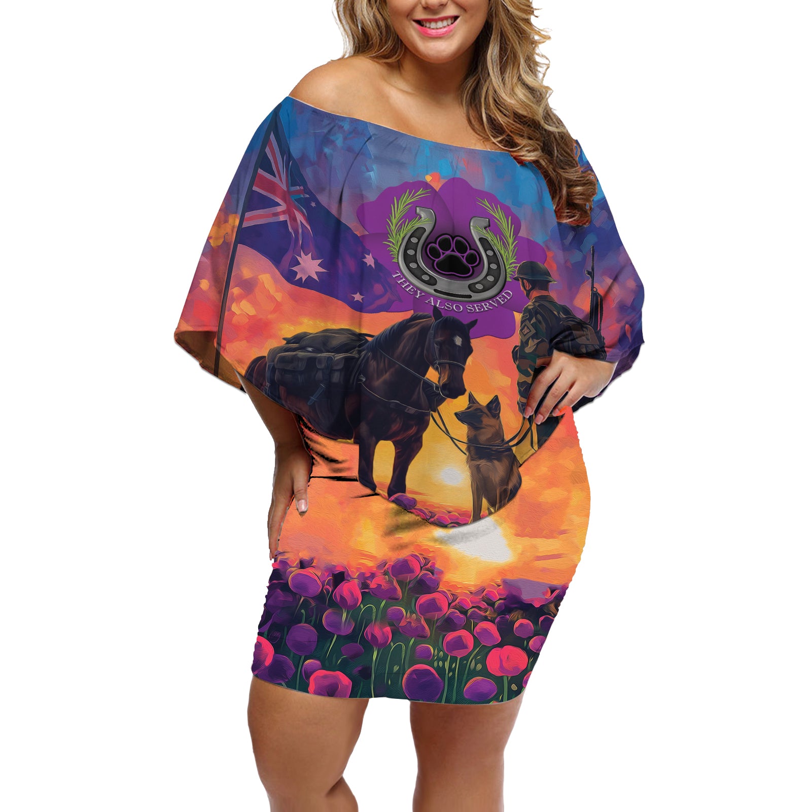 Australia Animals ANZAC Off Shoulder Short Dress Dog And Horse Heroes Also Served