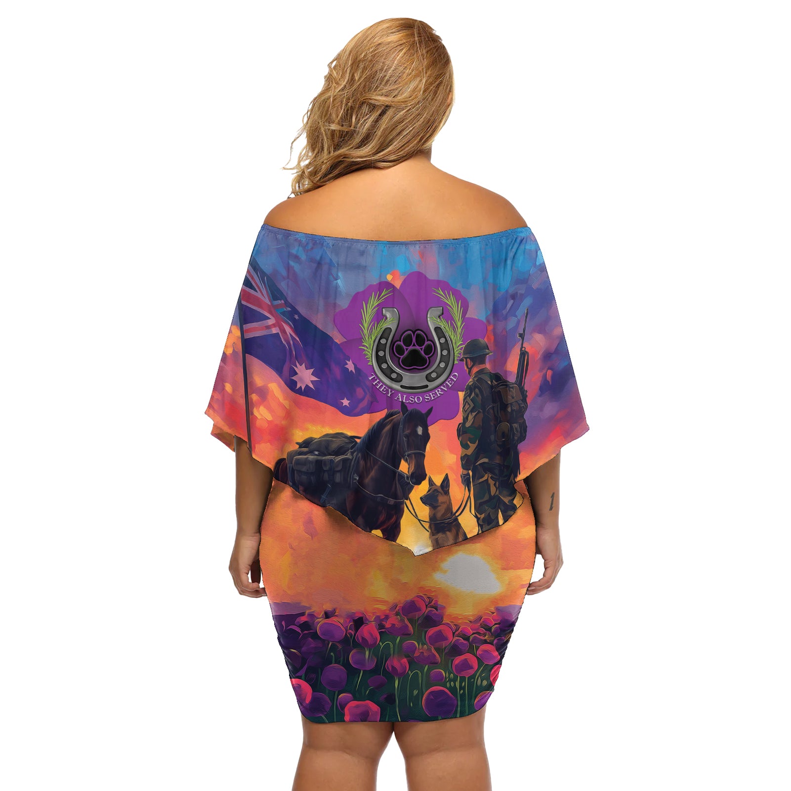 Australia Animals ANZAC Off Shoulder Short Dress Dog And Horse Heroes Also Served