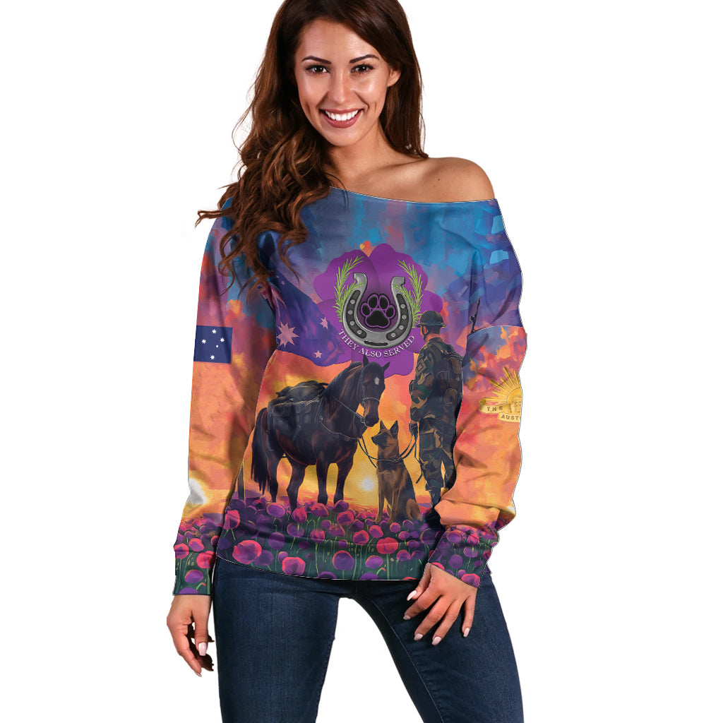 Australia Animals ANZAC Off Shoulder Sweater Dog And Horse Heroes Also Served - Vibe Hoodie Shop