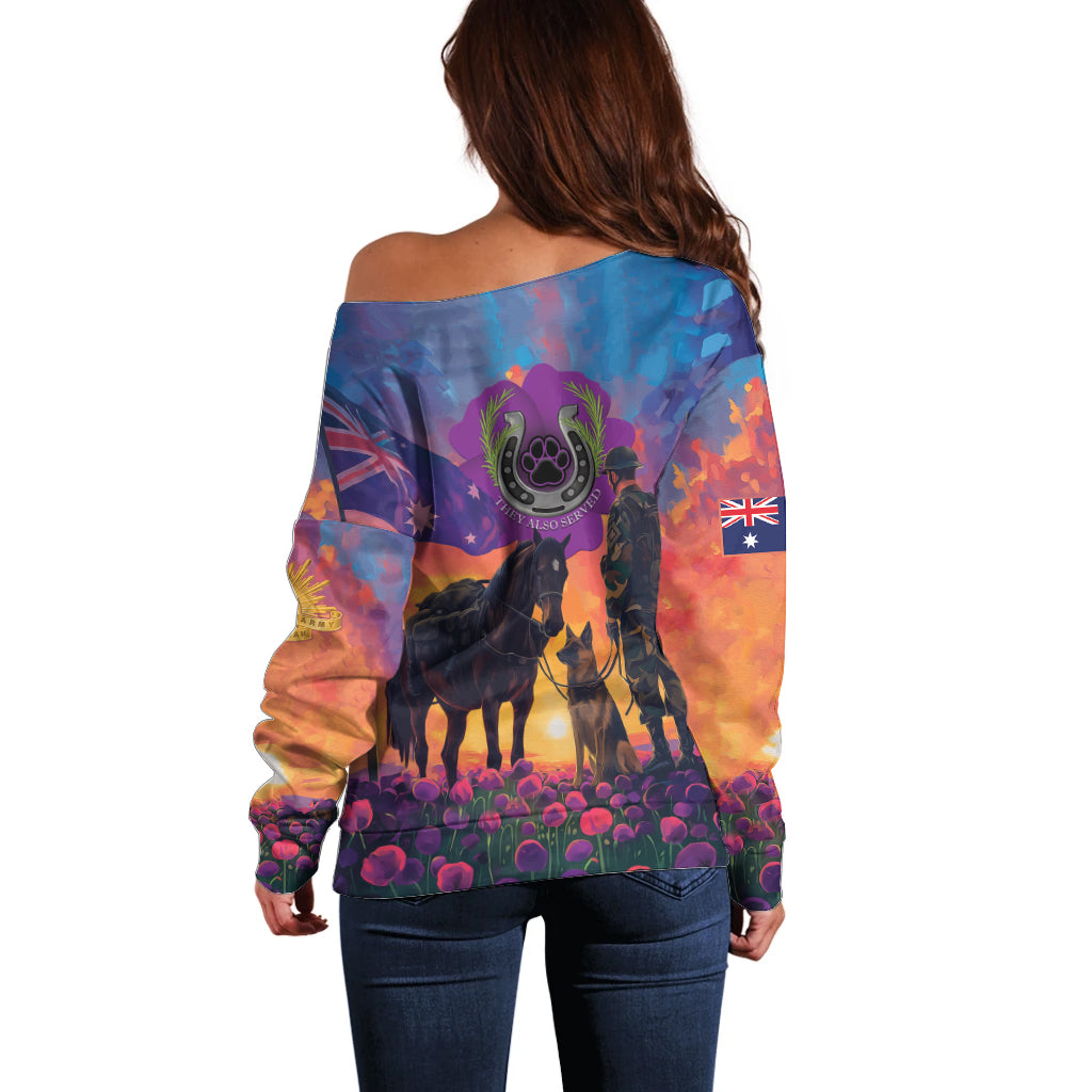 Australia Animals ANZAC Off Shoulder Sweater Dog And Horse Heroes Also Served - Vibe Hoodie Shop