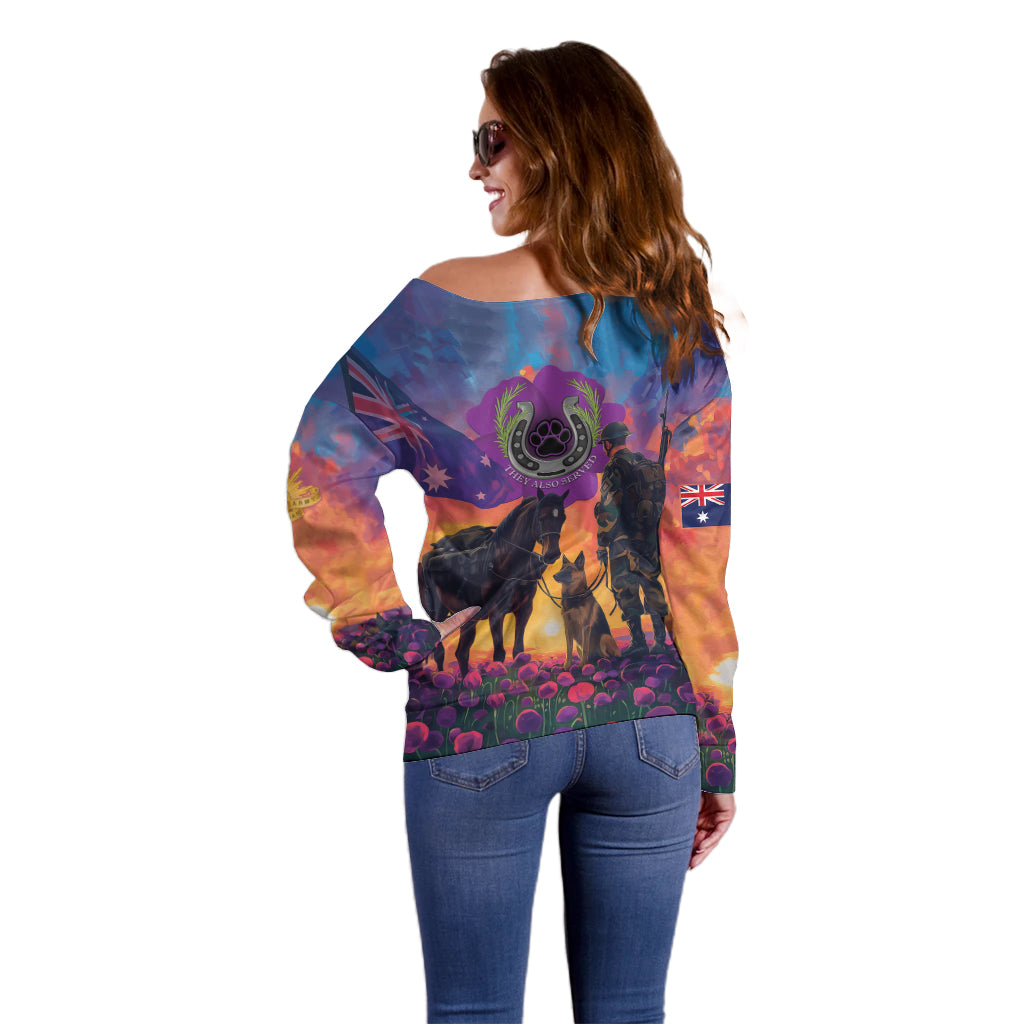 Australia Animals ANZAC Off Shoulder Sweater Dog And Horse Heroes Also Served - Vibe Hoodie Shop