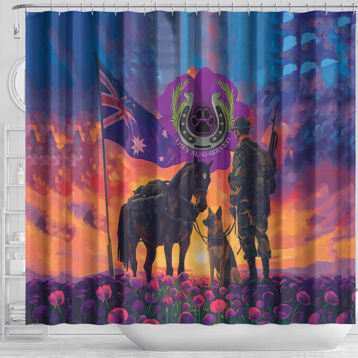 Australia Animals ANZAC Shower Curtain Dog And Horse Heroes Also Served