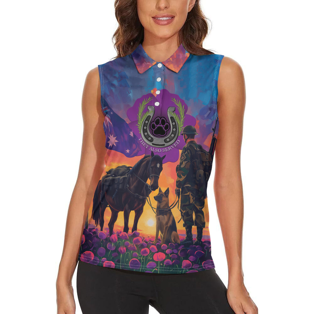 Australia Animals ANZAC Women Sleeveless Polo Shirt Dog And Horse Heroes Also Served