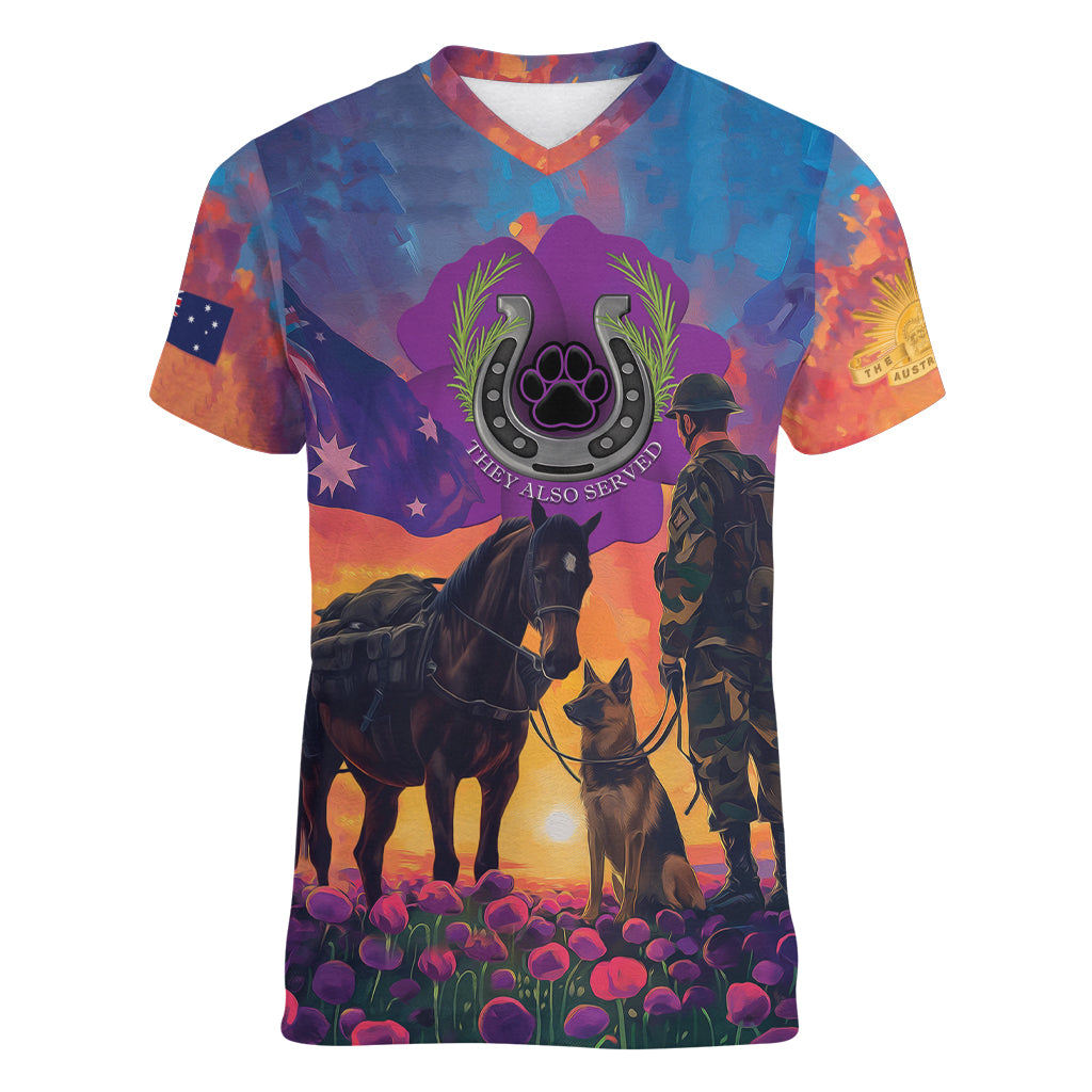 Australia Animals ANZAC Women V-Neck T-Shirt Dog And Horse Heroes Also Served - Vibe Hoodie Shop