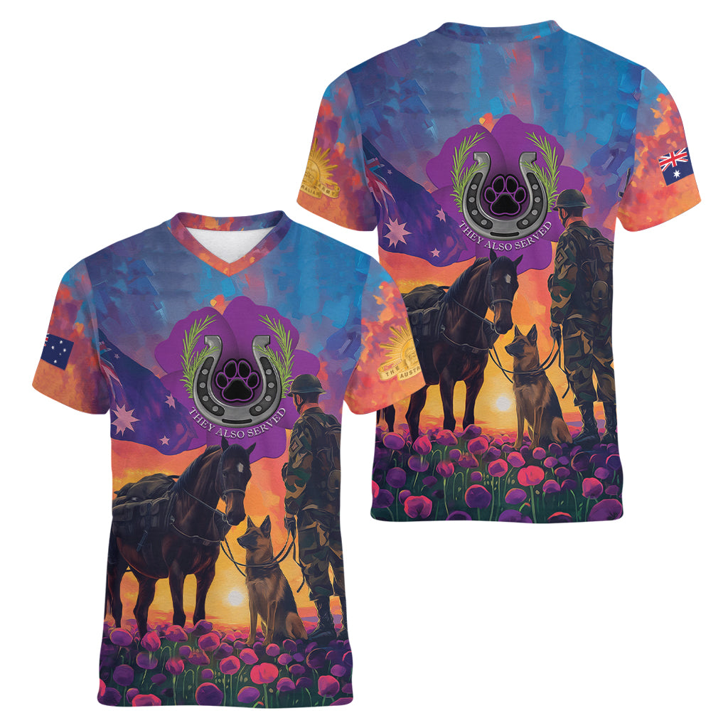 Australia Animals ANZAC Women V-Neck T-Shirt Dog And Horse Heroes Also Served - Vibe Hoodie Shop