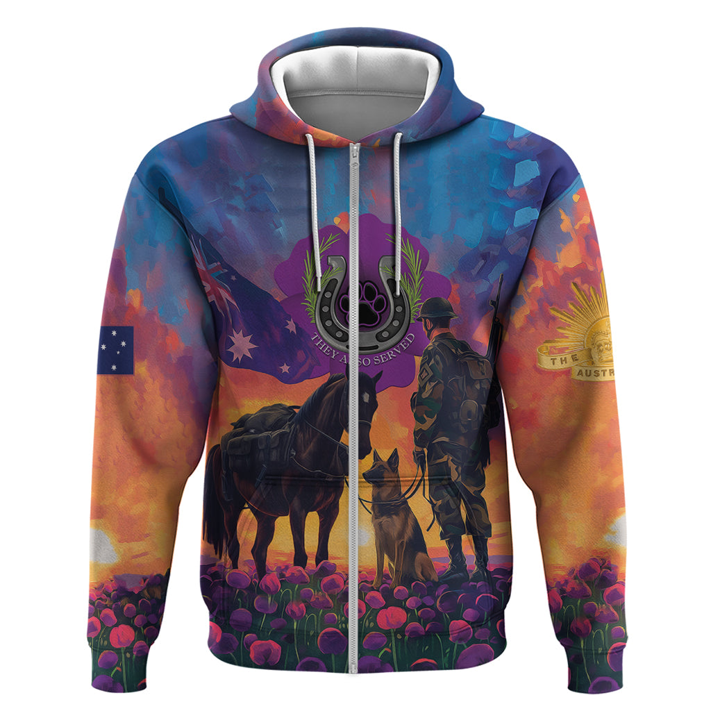 Australia Animals ANZAC Zip Hoodie Dog And Horse Heroes Also Served - Vibe Hoodie Shop