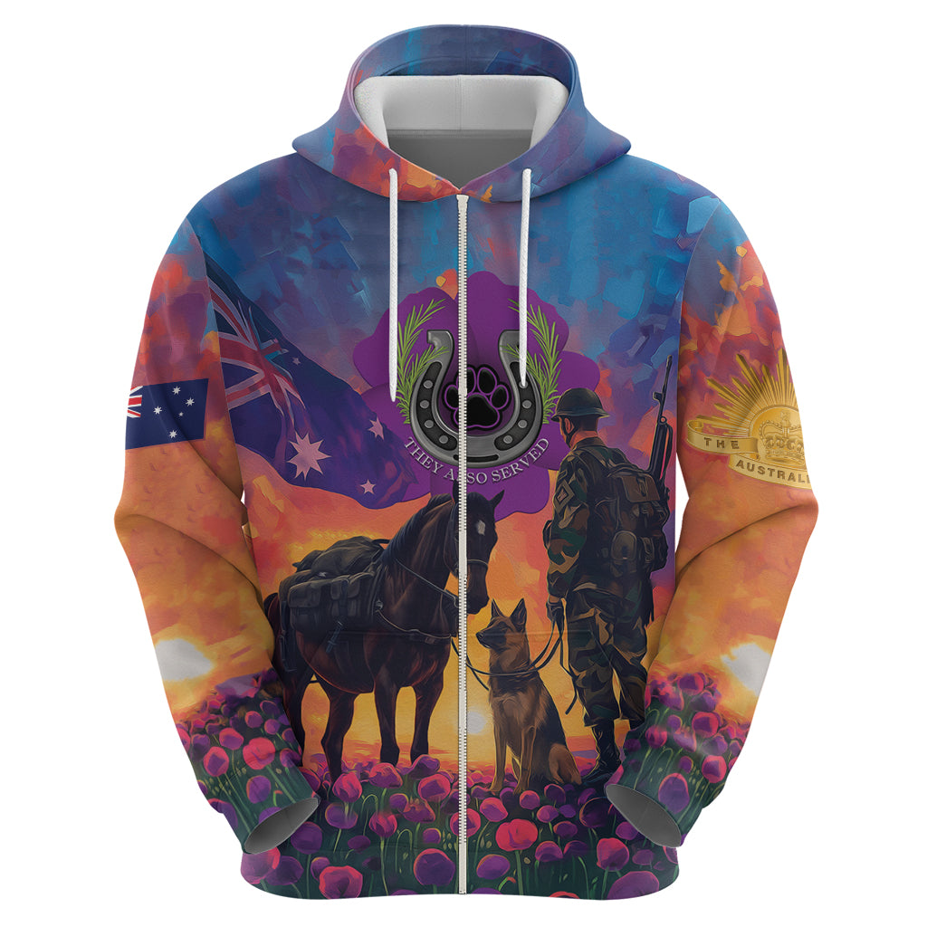 Australia Animals ANZAC Zip Hoodie Dog And Horse Heroes Also Served - Vibe Hoodie Shop