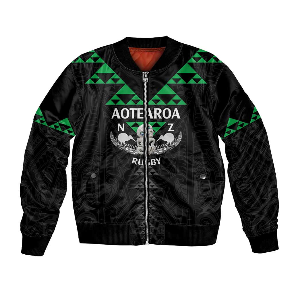 Personalised Aotearoa Rugby Bomber Jacket New Zealand Maori Kete Matauranga Pattern - Vibe Hoodie Shop