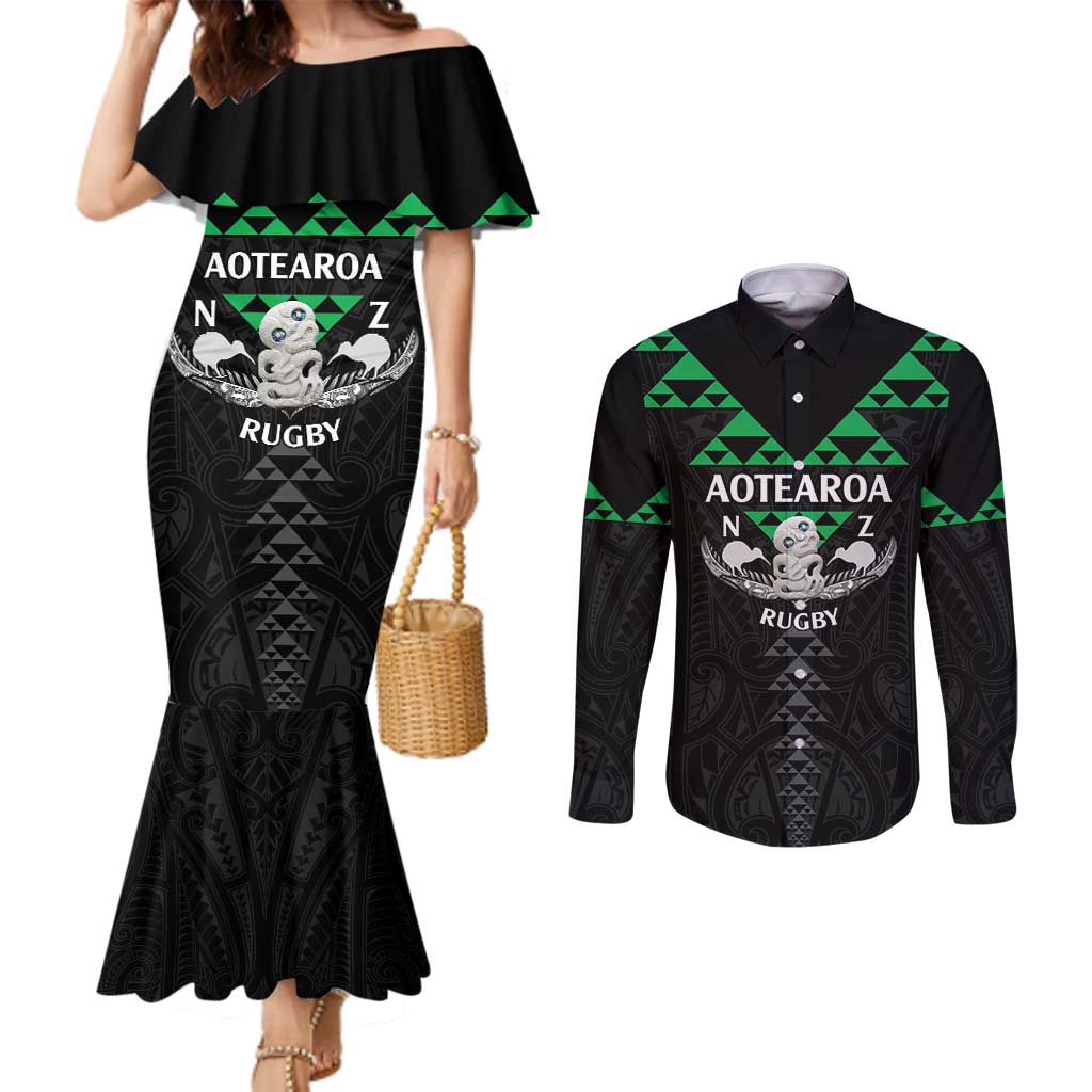 Personalised Aotearoa Rugby Couples Matching Mermaid Dress and Long Sleeve Button Shirt New Zealand Maori Kete Matauranga Pattern