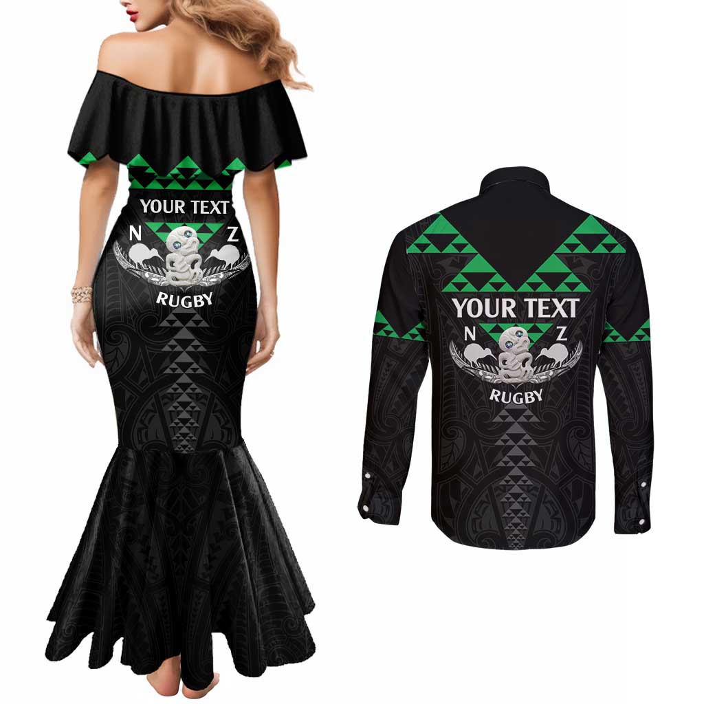 Personalised Aotearoa Rugby Couples Matching Mermaid Dress and Long Sleeve Button Shirt New Zealand Maori Kete Matauranga Pattern
