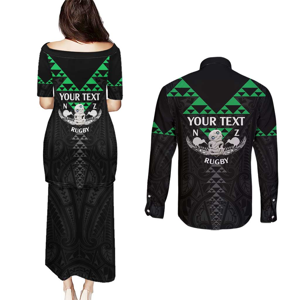 Personalised Aotearoa Rugby Couples Matching Puletasi and Long Sleeve Button Shirt New Zealand Maori Kete Matauranga Pattern