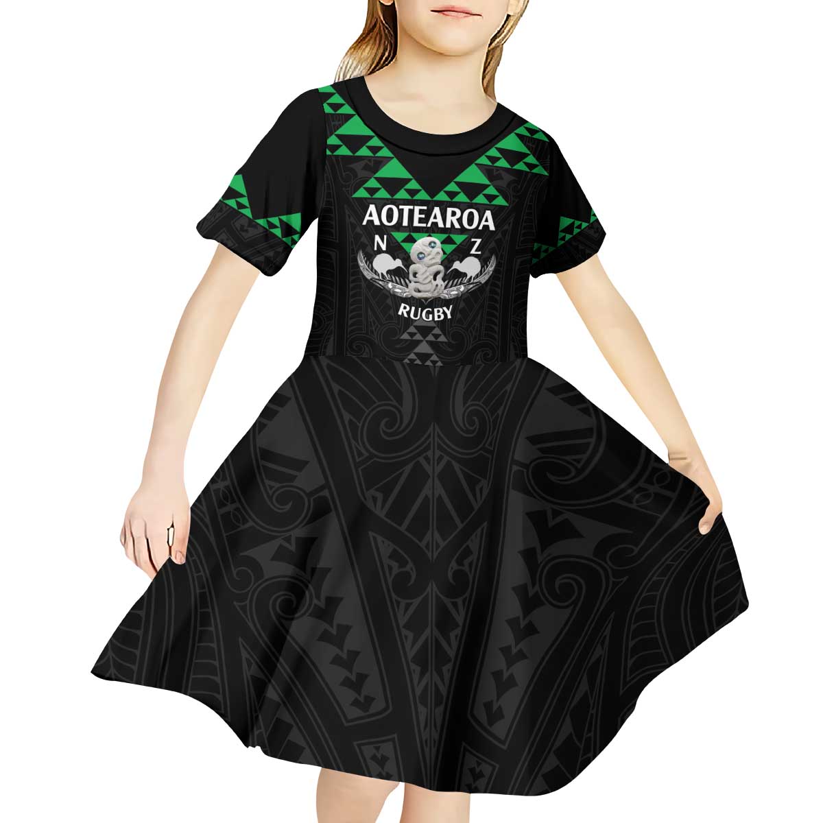 Personalised Aotearoa Rugby Kid Short Sleeve Dress New Zealand Maori Kete Matauranga Pattern - Vibe Hoodie Shop