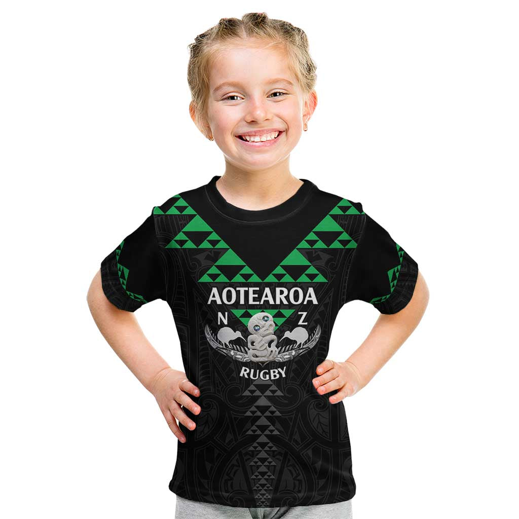 Personalised Aotearoa Rugby Kid T Shirt New Zealand Maori Kete Matauranga Pattern - Vibe Hoodie Shop