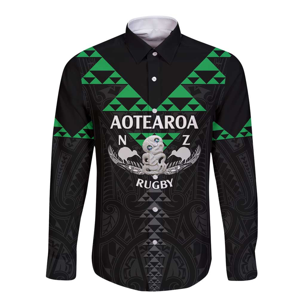 Personalised Aotearoa Rugby Long Sleeve Button Shirt New Zealand Maori Kete Matauranga Pattern - Vibe Hoodie Shop