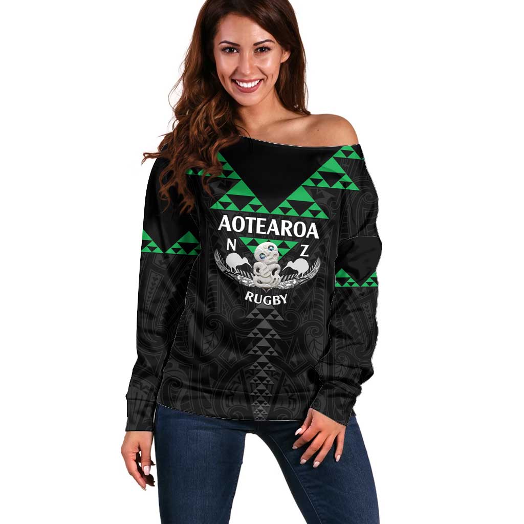 Personalised Aotearoa Rugby Off Shoulder Sweater New Zealand Maori Kete Matauranga Pattern - Vibe Hoodie Shop