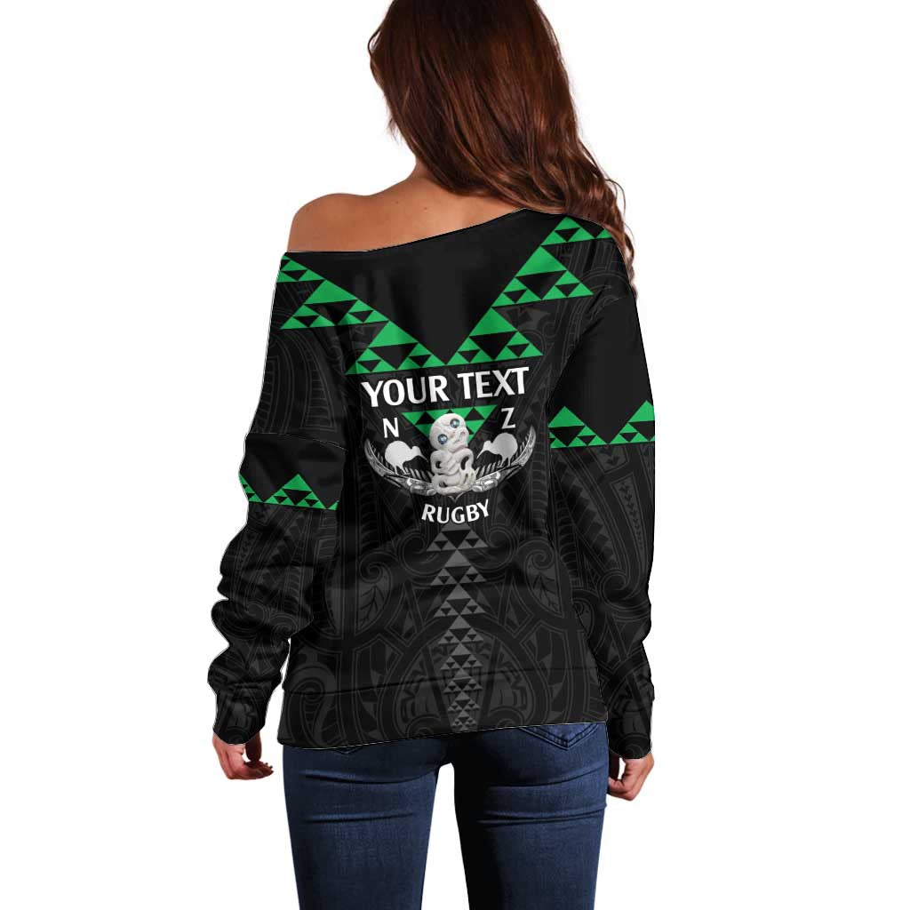 Personalised Aotearoa Rugby Off Shoulder Sweater New Zealand Maori Kete Matauranga Pattern - Vibe Hoodie Shop