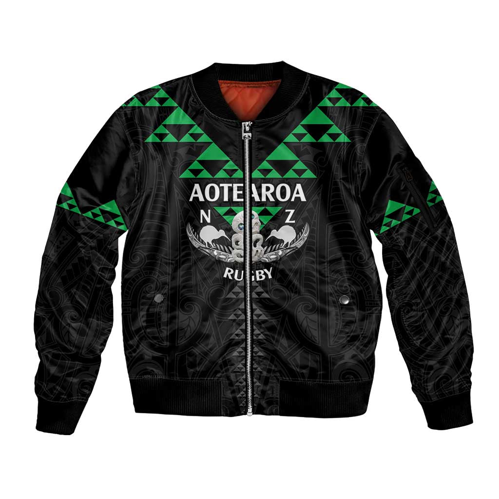 Personalised Aotearoa Rugby Sleeve Zip Bomber Jacket New Zealand Maori Kete Matauranga Pattern