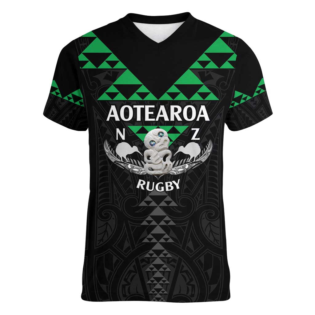 Personalised Aotearoa Rugby Women V-Neck T-Shirt New Zealand Maori Kete Matauranga Pattern - Vibe Hoodie Shop