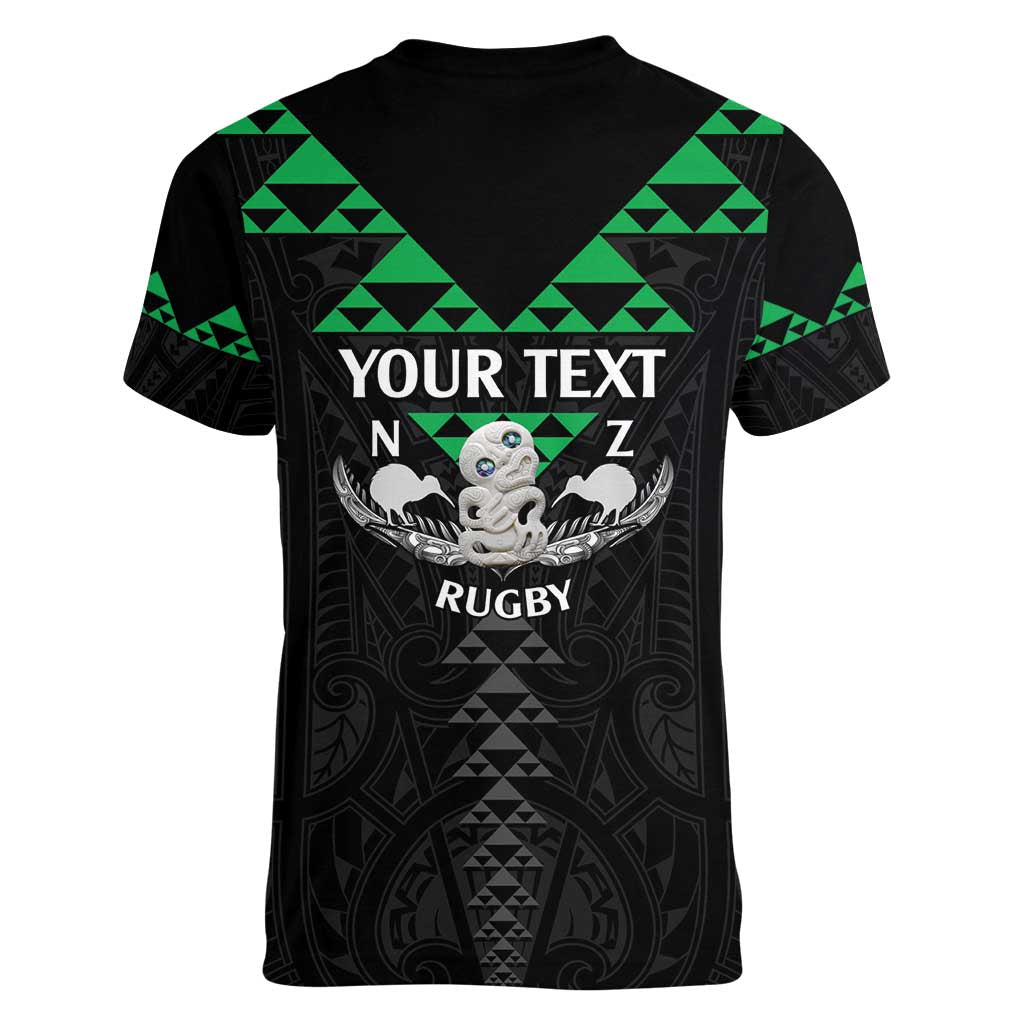 Personalised Aotearoa Rugby Women V-Neck T-Shirt New Zealand Maori Kete Matauranga Pattern - Vibe Hoodie Shop