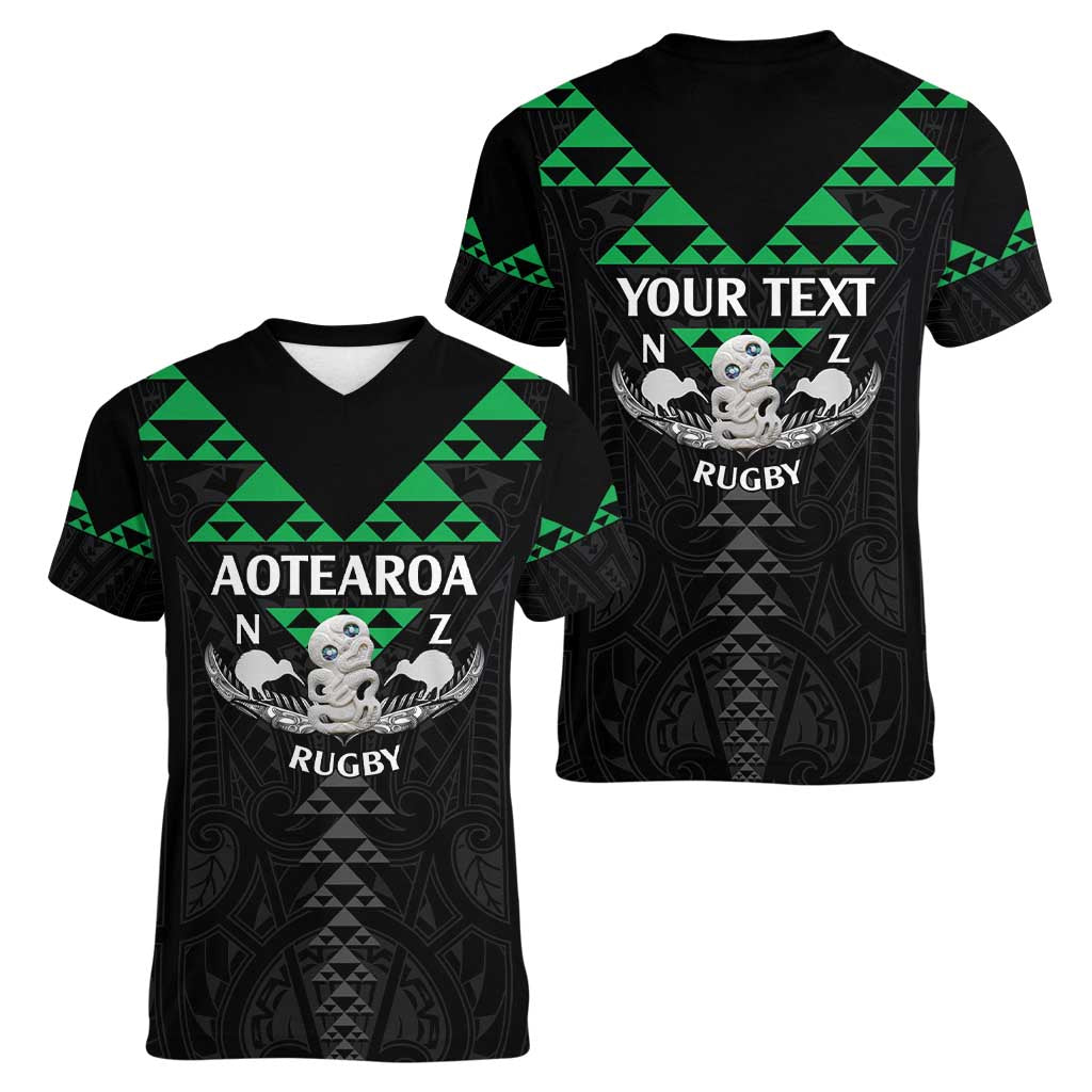 Personalised Aotearoa Rugby Women V-Neck T-Shirt New Zealand Maori Kete Matauranga Pattern - Vibe Hoodie Shop
