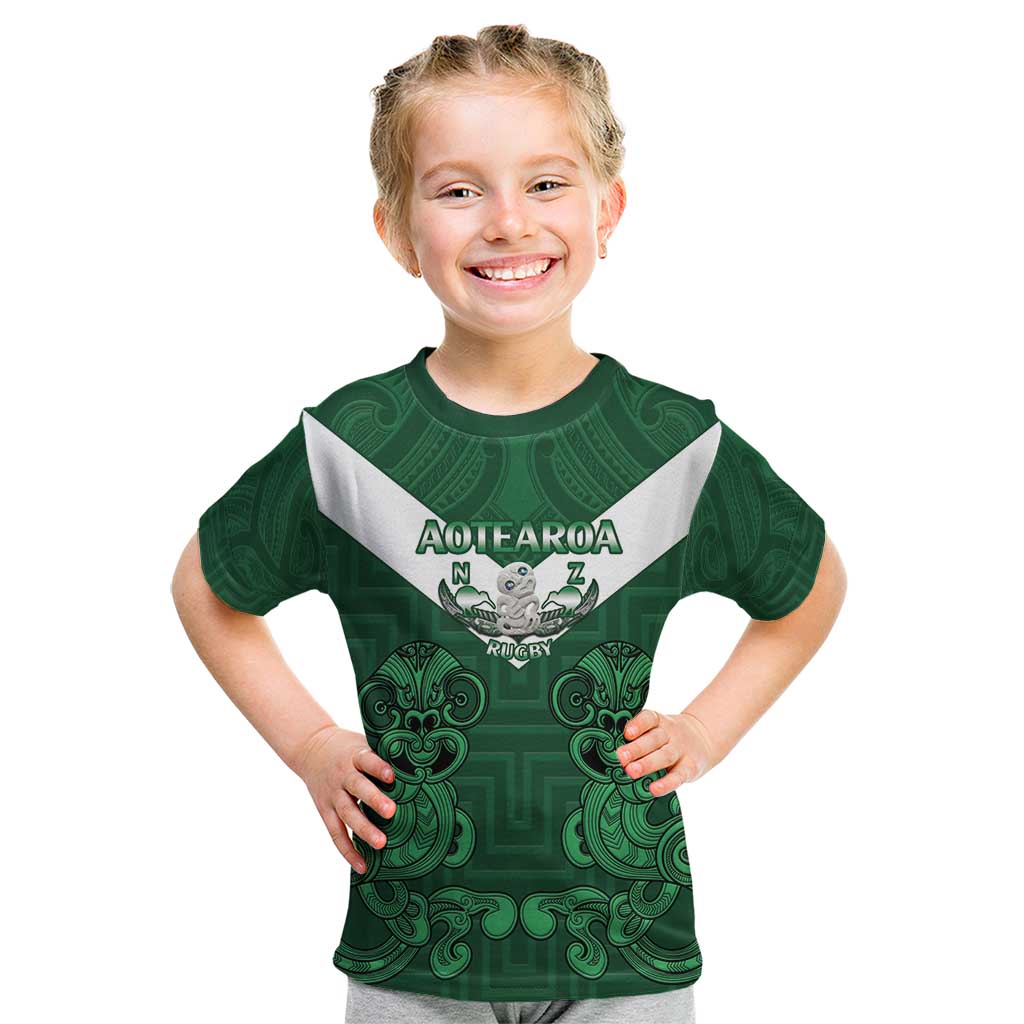 Custom Aotearoa Rugby Kid T Shirt New Zealand Maori Kete Poutama Pattern - Vibe Hoodie Shop