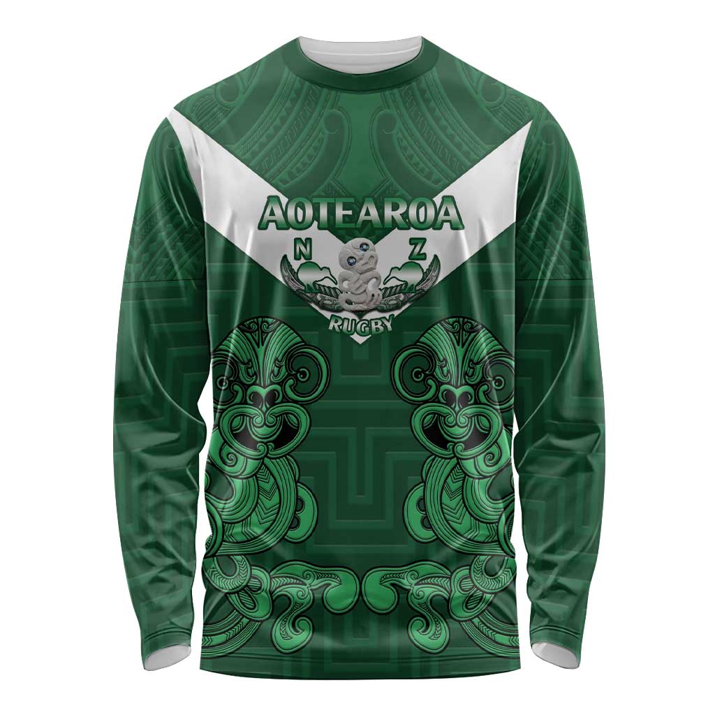 Custom Aotearoa Rugby Long Sleeve Shirt New Zealand Maori Kete Poutama Pattern - Vibe Hoodie Shop