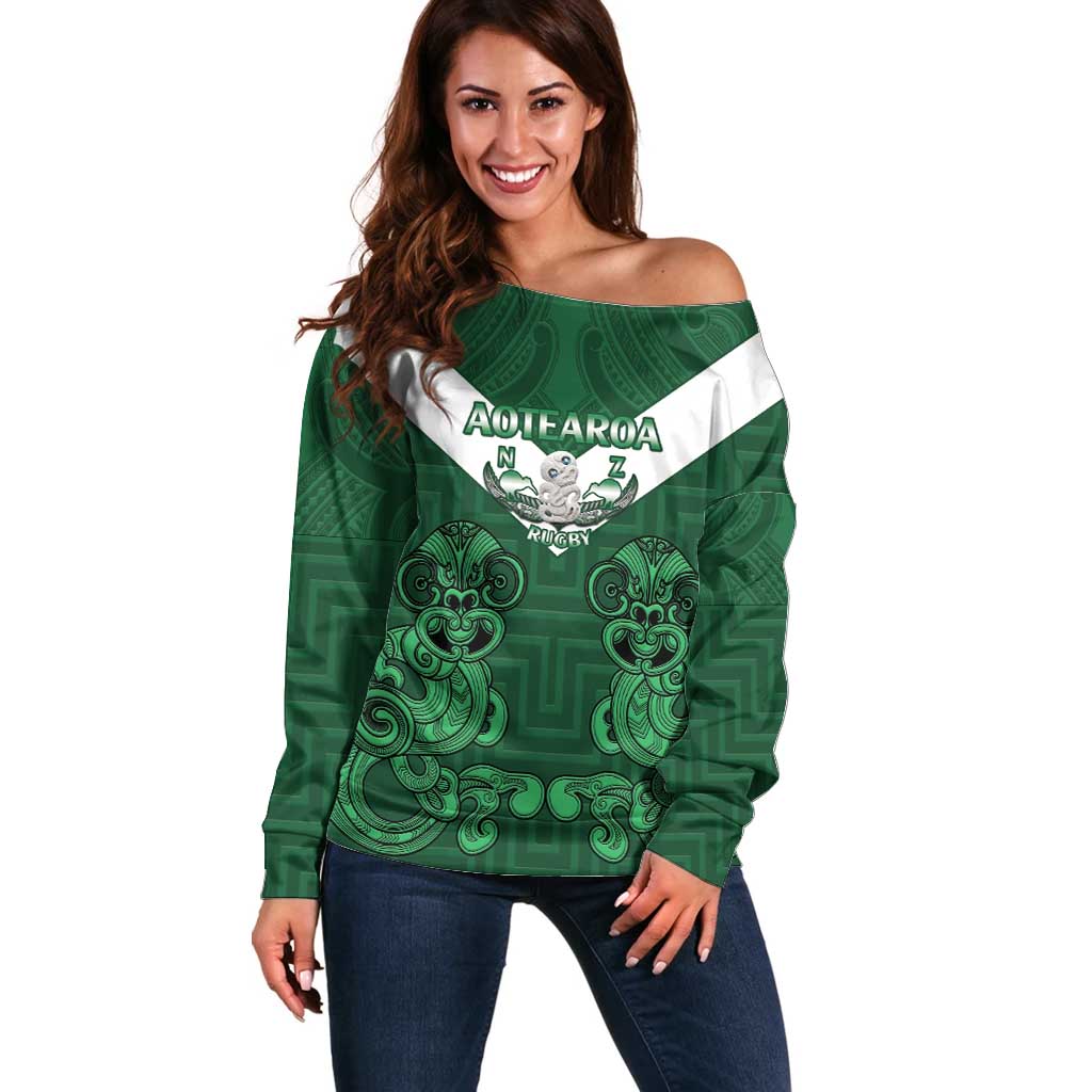 Custom Aotearoa Rugby Off Shoulder Sweater New Zealand Maori Kete Poutama Pattern - Vibe Hoodie Shop
