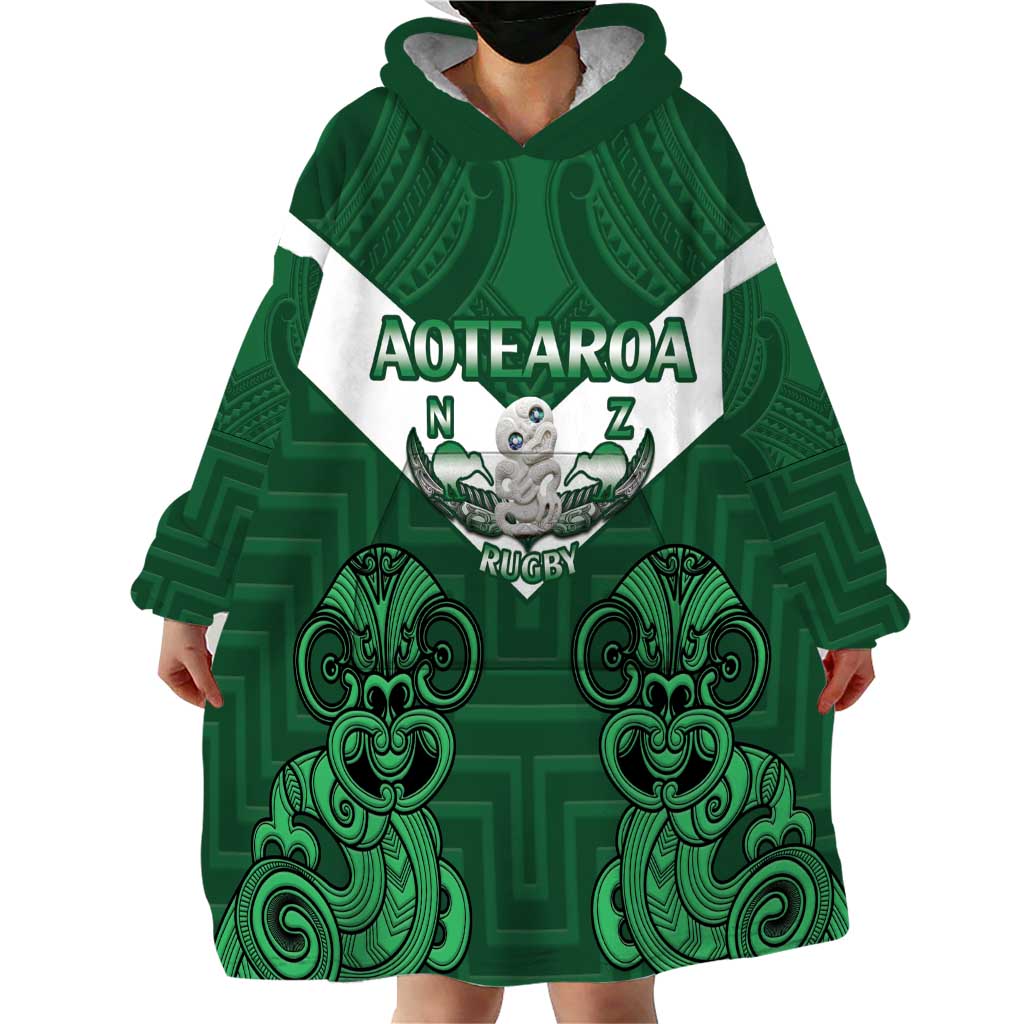 Custom Aotearoa Rugby Wearable Blanket Hoodie New Zealand Maori Kete Poutama Pattern - Vibe Hoodie Shop