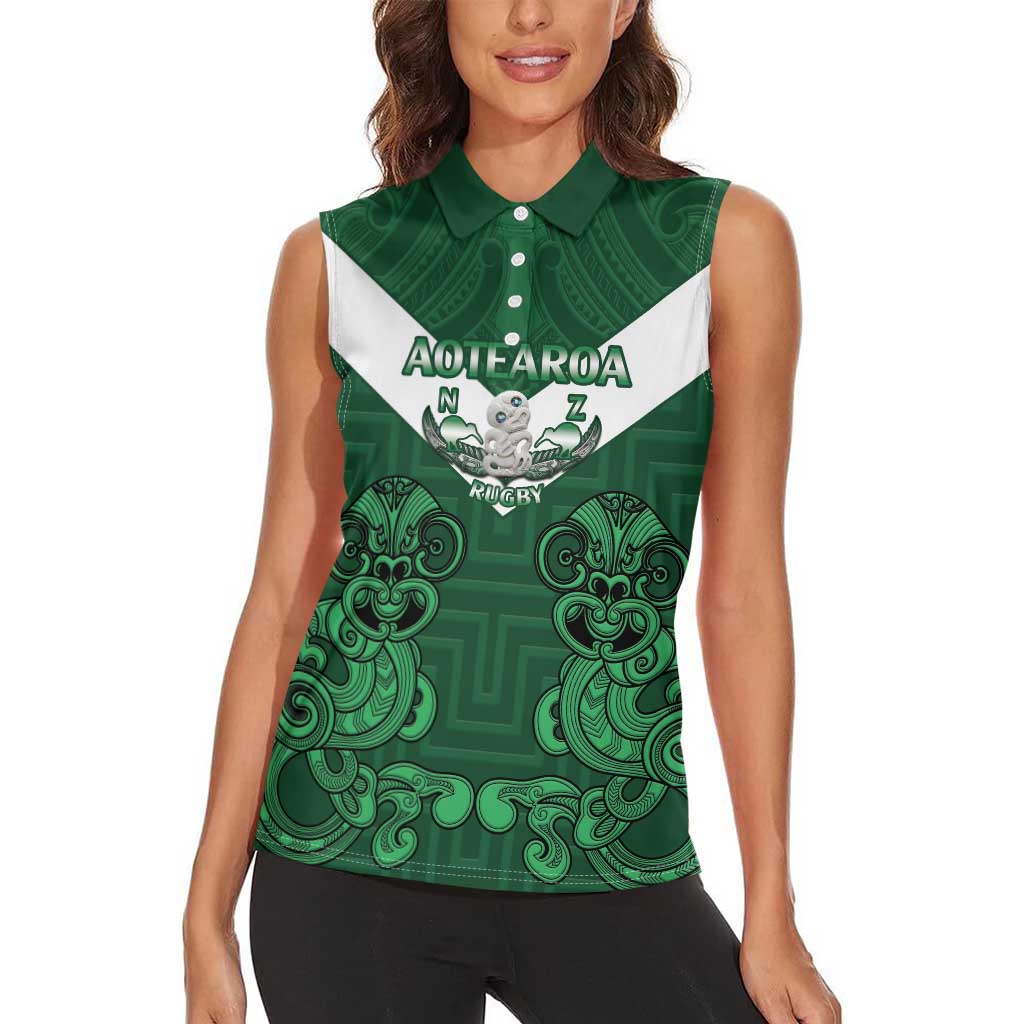 Custom Aotearoa Rugby Women Sleeveless Polo Shirt New Zealand Maori Kete Poutama Pattern