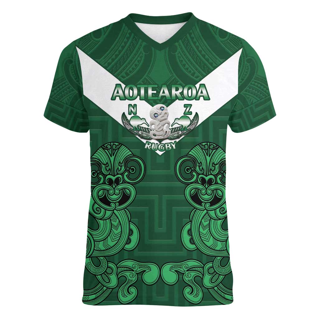 Custom Aotearoa Rugby Women V-Neck T-Shirt New Zealand Maori Kete Poutama Pattern - Vibe Hoodie Shop