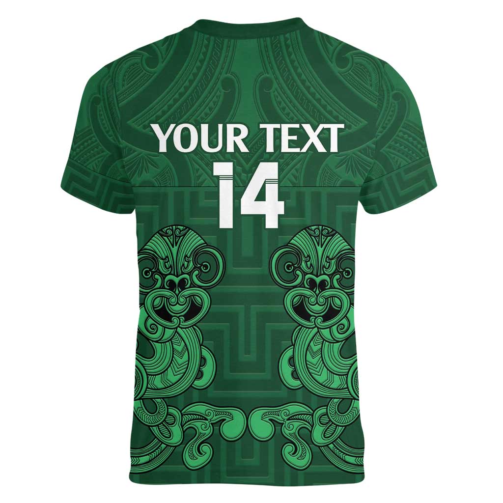 Custom Aotearoa Rugby Women V-Neck T-Shirt New Zealand Maori Kete Poutama Pattern - Vibe Hoodie Shop