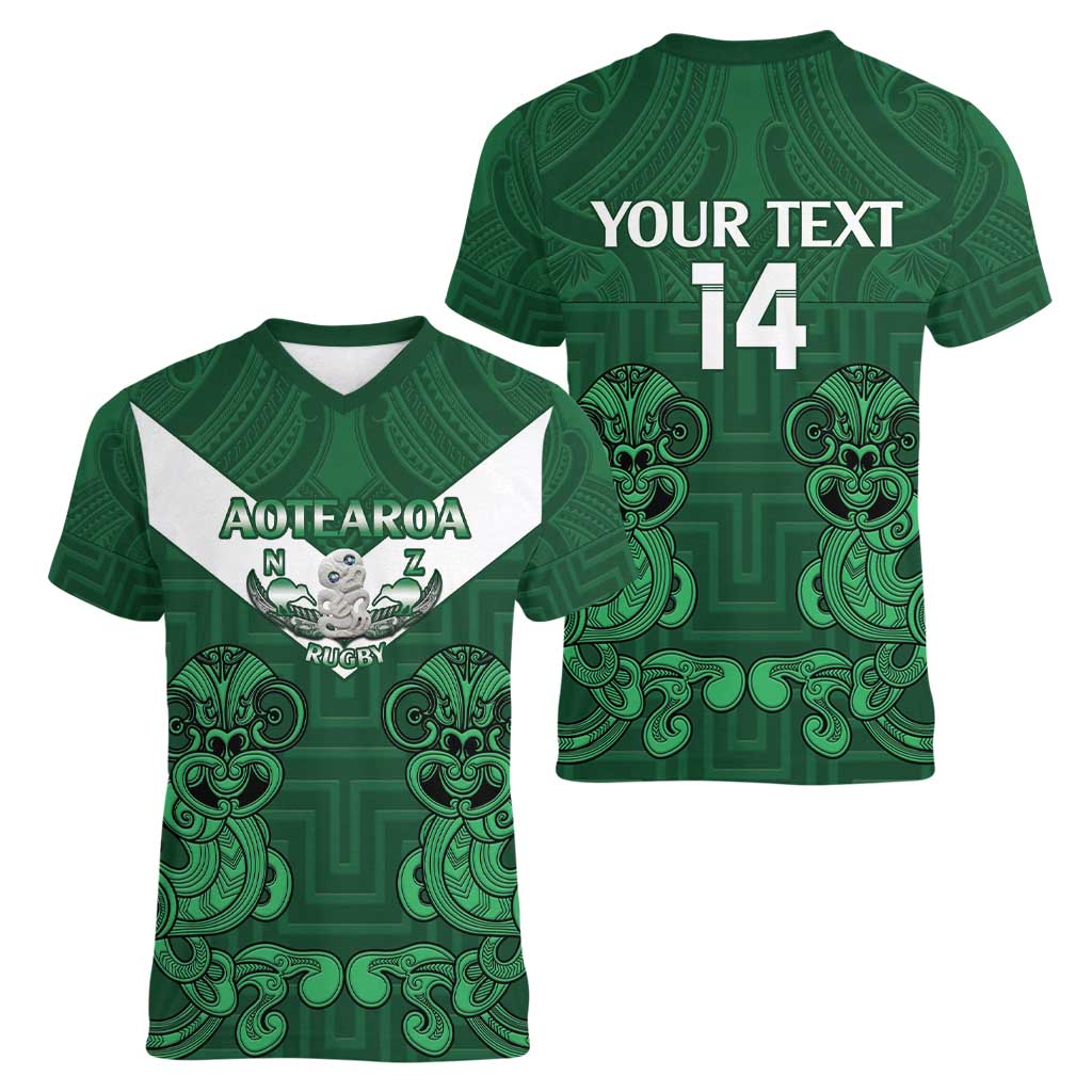 Custom Aotearoa Rugby Women V-Neck T-Shirt New Zealand Maori Kete Poutama Pattern - Vibe Hoodie Shop