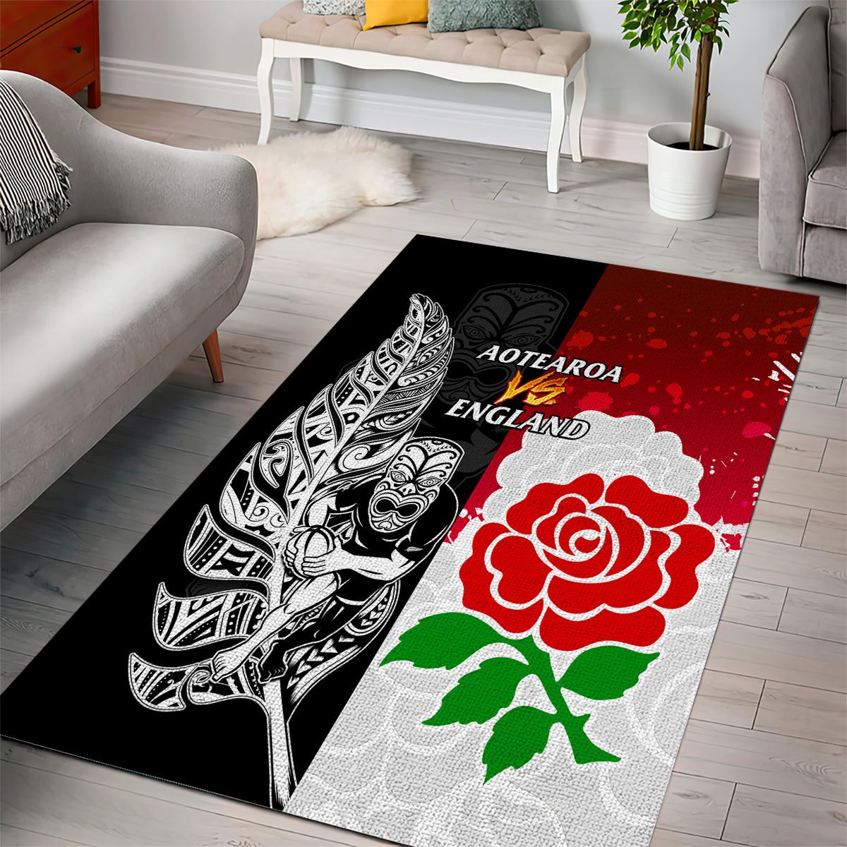 New Zealand And England Rugby Area Rug 2023 World Cup All Black Combine Red Roses - Vibe Hoodie Shop