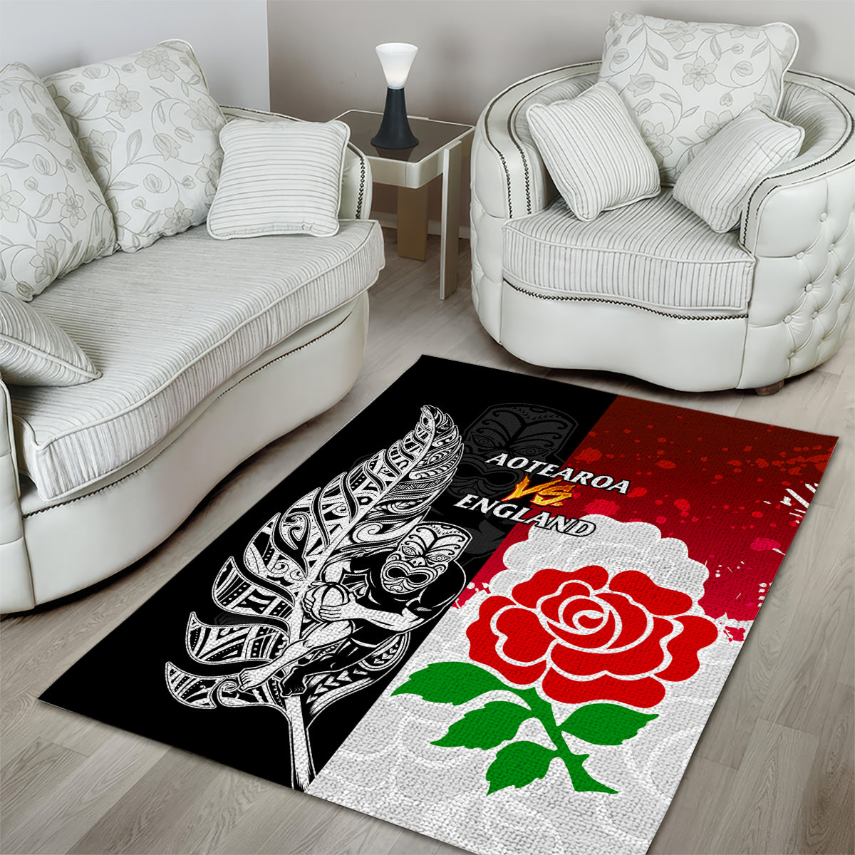 New Zealand And England Rugby Area Rug 2023 World Cup All Black Combine Red Roses - Vibe Hoodie Shop