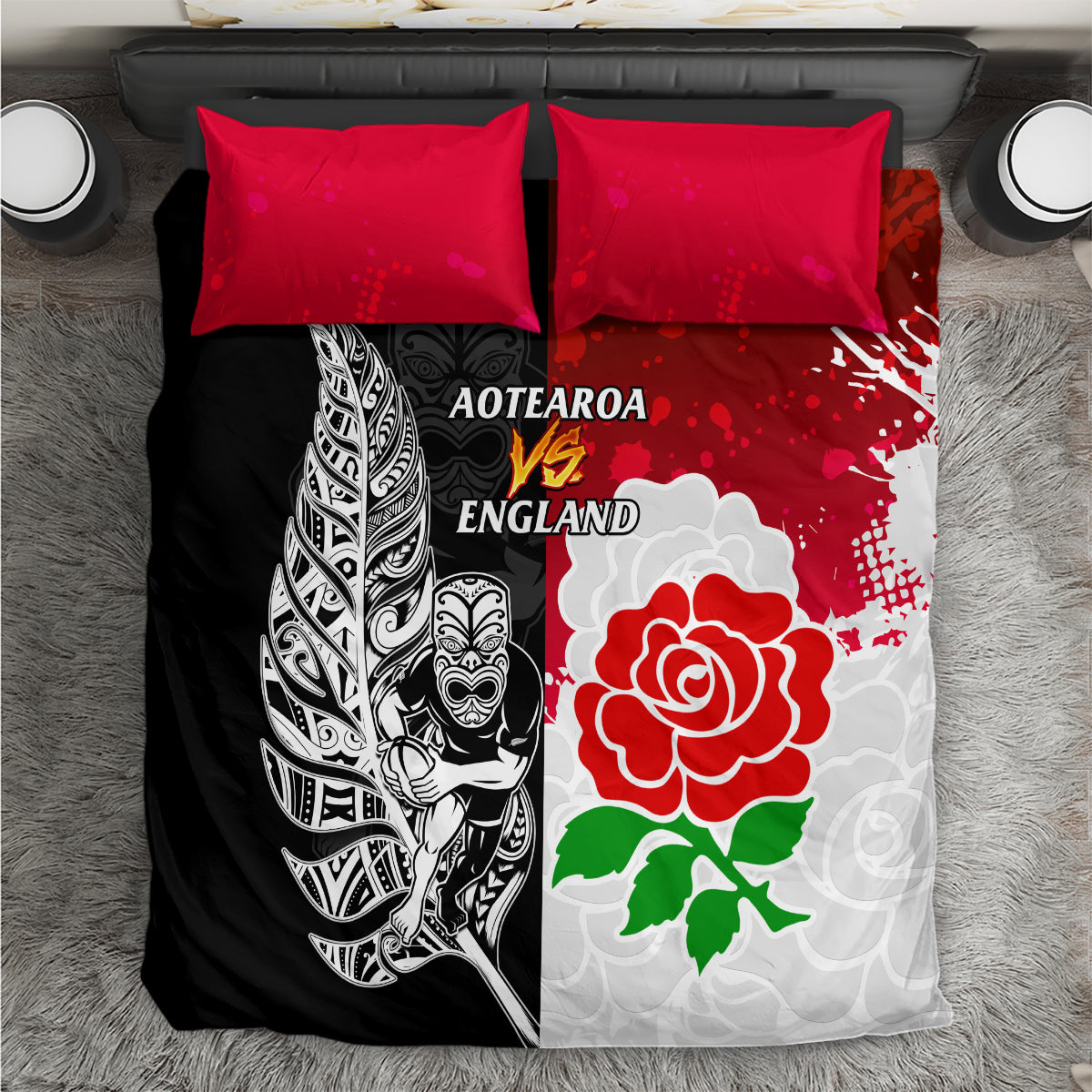 New Zealand And England Rugby Bedding Set 2023 World Cup All Black Combine Red Roses - Vibe Hoodie Shop