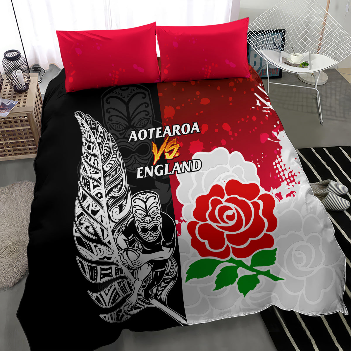 New Zealand And England Rugby Bedding Set 2023 World Cup All Black Combine Red Roses - Vibe Hoodie Shop