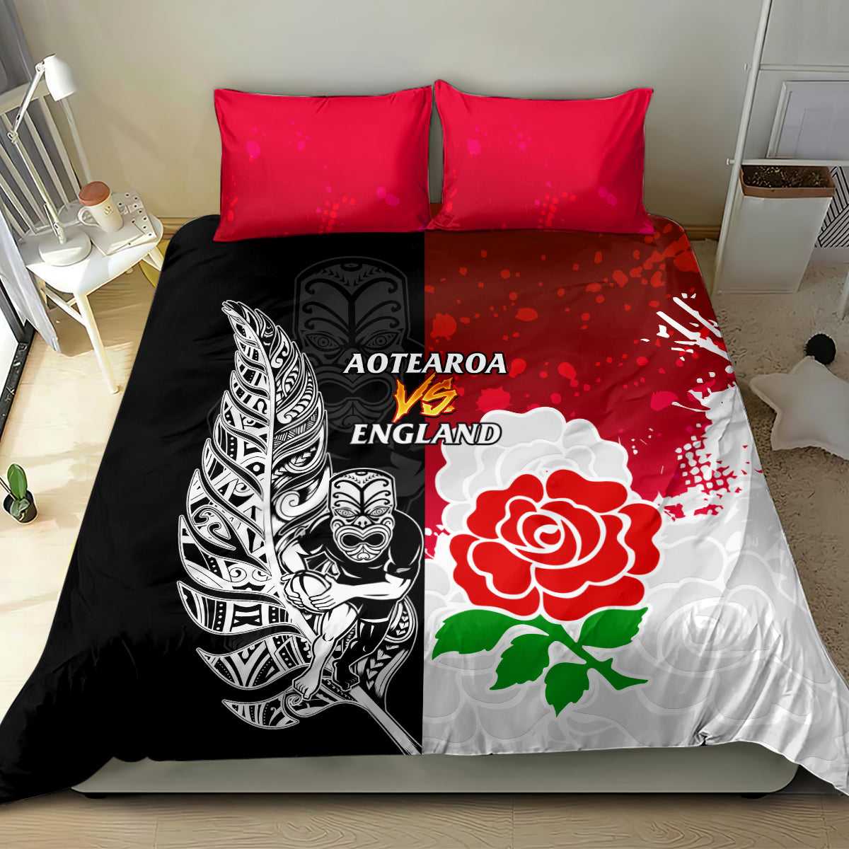 New Zealand And England Rugby Bedding Set 2023 World Cup All Black Combine Red Roses - Vibe Hoodie Shop