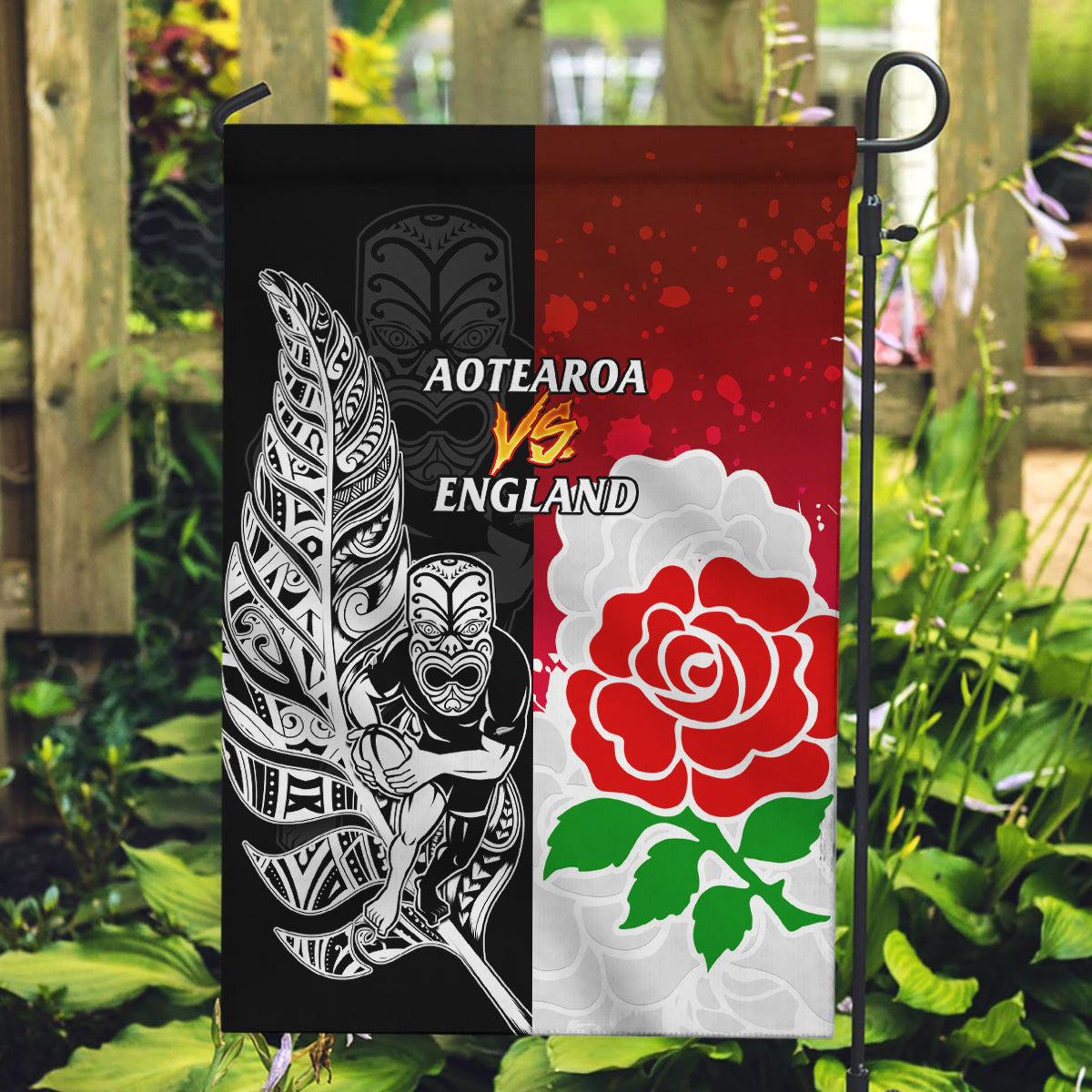 New Zealand And England Rugby Garden Flag 2023 World Cup All Black Combine Red Roses - Vibe Hoodie Shop