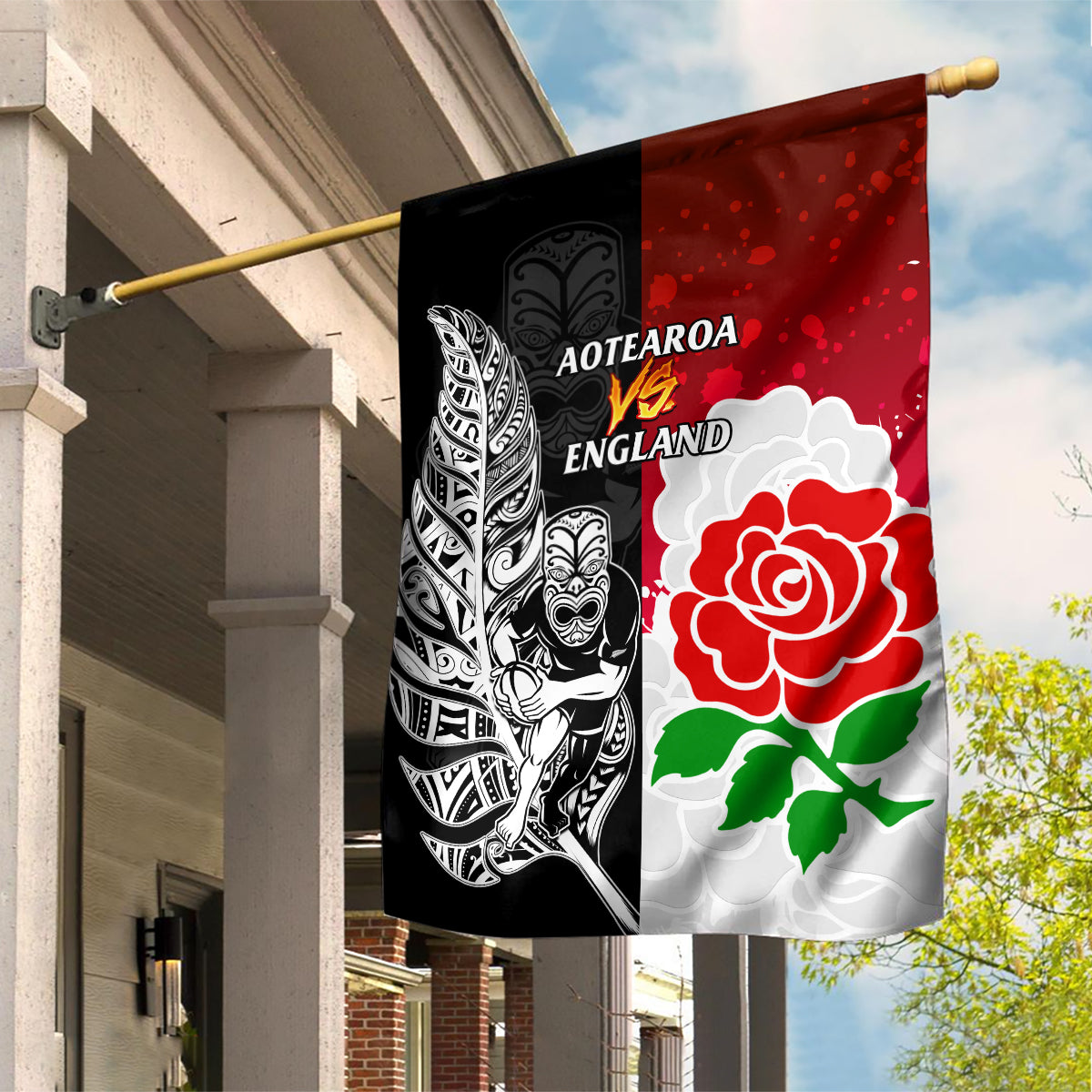 New Zealand And England Rugby Garden Flag 2023 World Cup All Black Combine Red Roses - Vibe Hoodie Shop