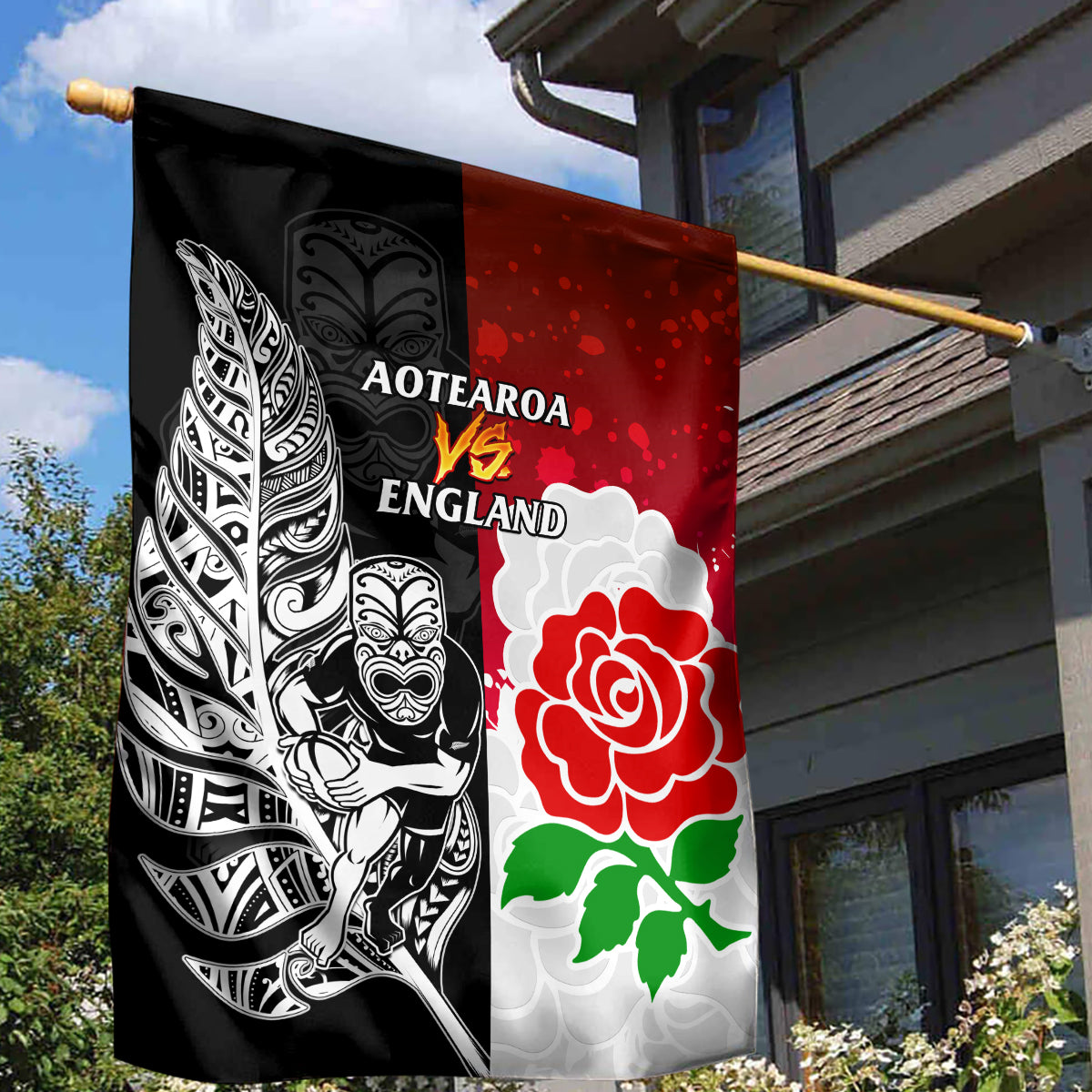 New Zealand And England Rugby Garden Flag 2023 World Cup All Black Combine Red Roses - Vibe Hoodie Shop